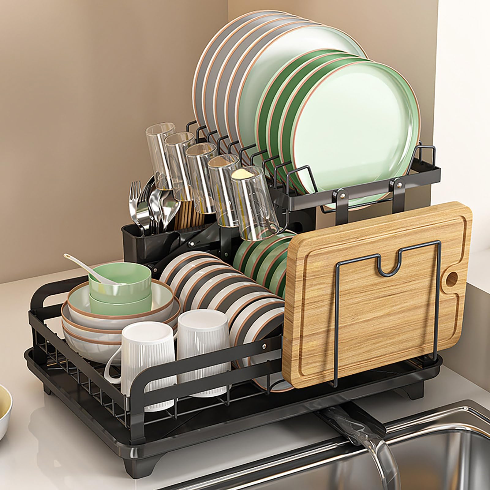 Escurridor de Platos de 2 Niveles con Juego de Bandeja de Drenaje, Estante colador y portavasos, escurridores Grandes de Acero Inoxidable Resistentes a la corrosión para encimeras