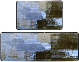 TOMWISH Vintage Kitchen Rug Blue and Brown Abstract Art Painting 17"X48"+17"X24" Abstract Area Rug Non Skid Washable for Kitchen Dining Room Floor Home Office Sink Laundry