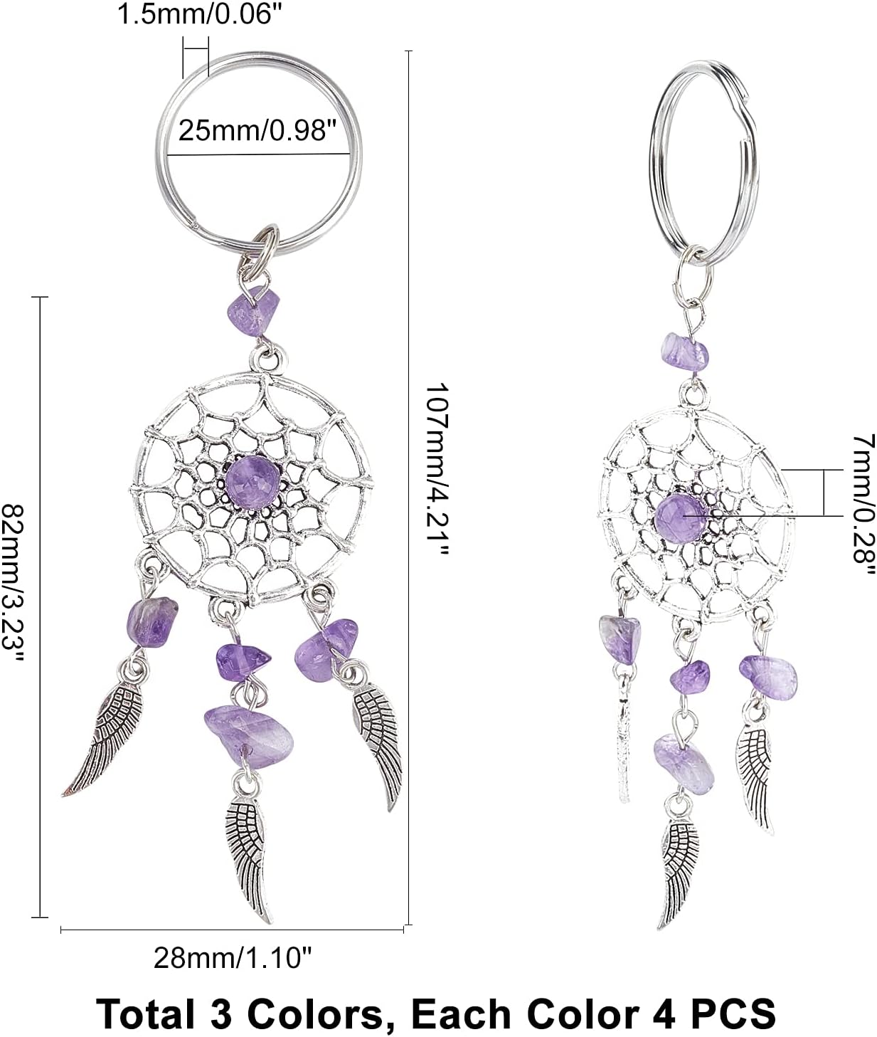 PH PandaHall 12PCS 3-Color Dreamcatcher Keychain keyring Natural Chip Gemstone Feather Key Chain Bag Hanging Ring Ornaments Car Pendant : Office Products