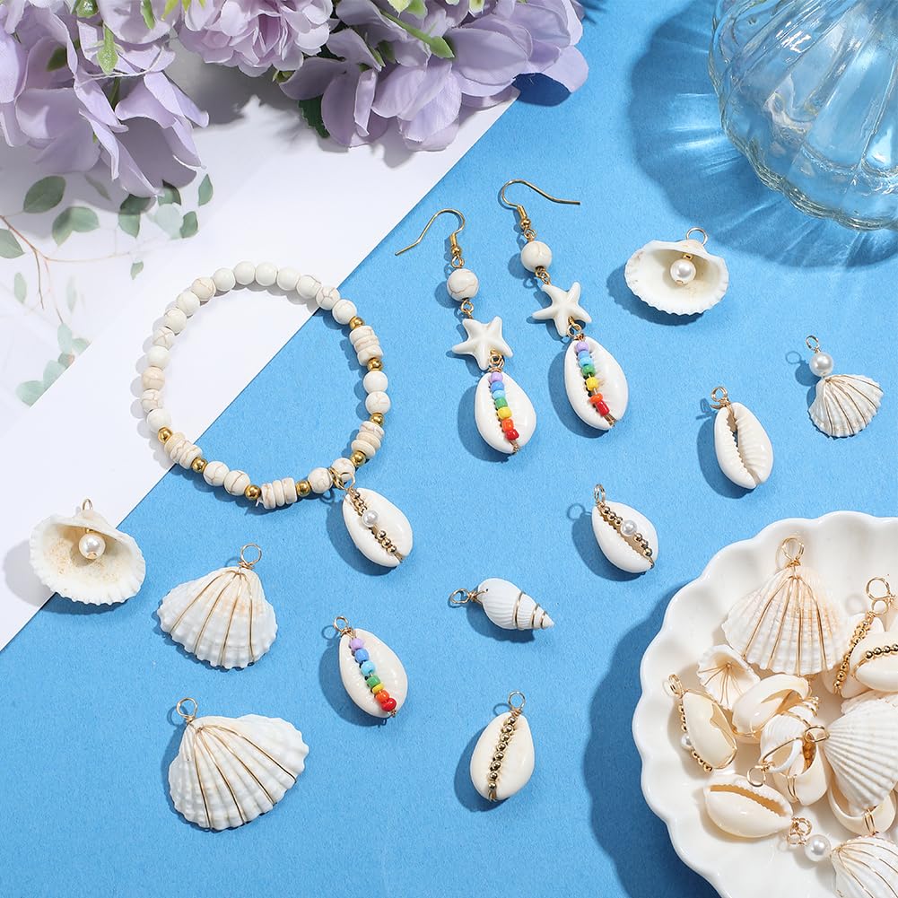 SUNNYCLUE 1 Box 32Pcs 8 Styles Natural Shell Charms Seashell Charms Bulk White Imitation Pearl Sea Conch Summer Life Loop Dangle Pendants for Jewellery Making Supplies Earrings Necklace Diy Crafts - Image 3