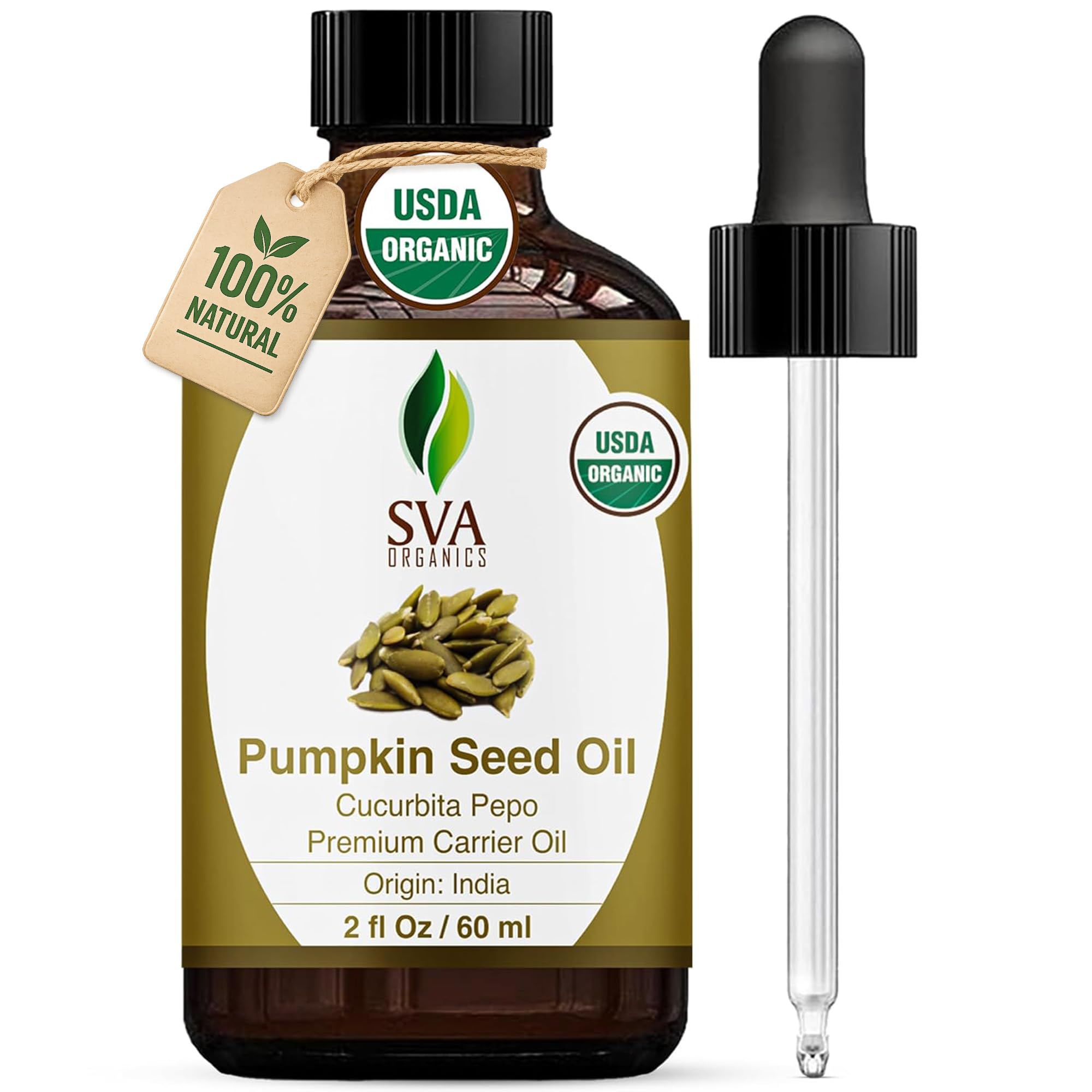 SVA Pumpkin Seed Oil Organic - 2 Fl Oz – 100% Natural Cold Pressed Pumpkin Seed Oil - for Face, Skin Care, Hair Care, Scalp Massage &amp; Body Massage - with Dropper