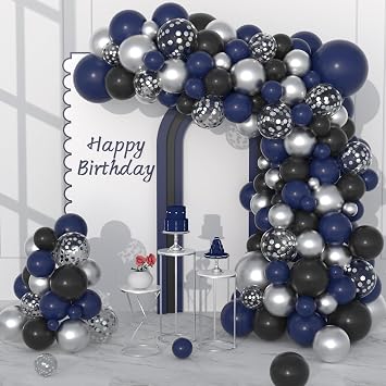 Navy Blue Black Silver Balloon Garland Arch Kit, 122PCS Night Blue Black Metallic Silver Confetti Balloos for Men Women Birthday Graduation Retirement Anniversary Engagament Celebration Decoration