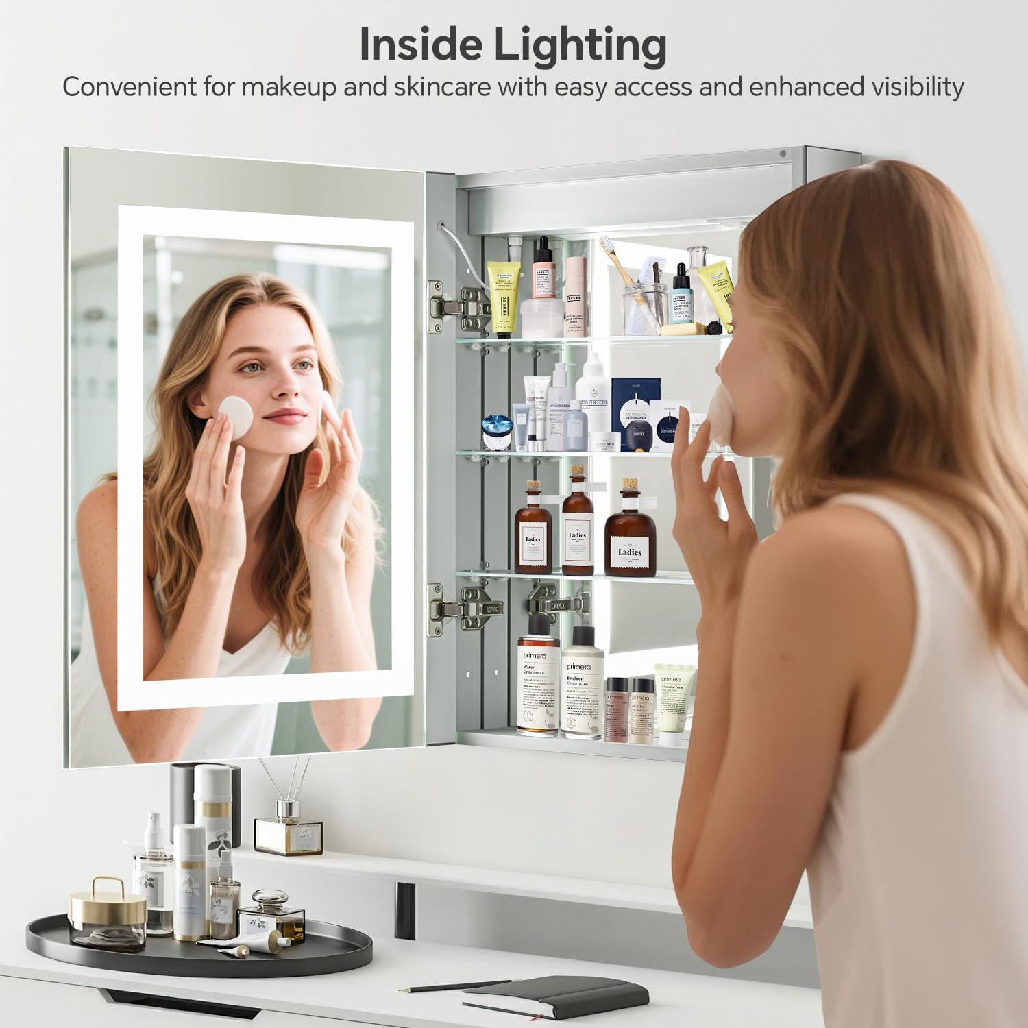 24 x 30 LED Lighted Medicine Cabinet with Lights, Recessed or Surface Wall Mount Medicine Cabinet Mirror for Bathroom with Storage, Outlets & USB, Tempered Glass, 3-Color Dimming, Adjustable Shelf
