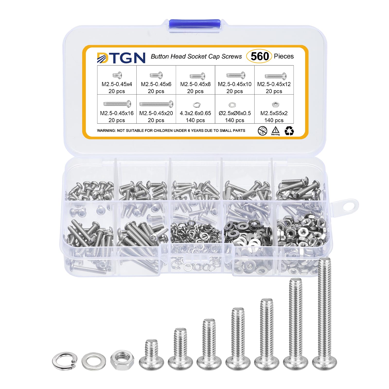 DTGN 560Pcs M2.5-0.45x4/6/8/10/12/16/20mm Button Head Socket Cap Screws - 304 Stainless Steel Bolt Nut Set Washer Assortment Kit - Good for Road