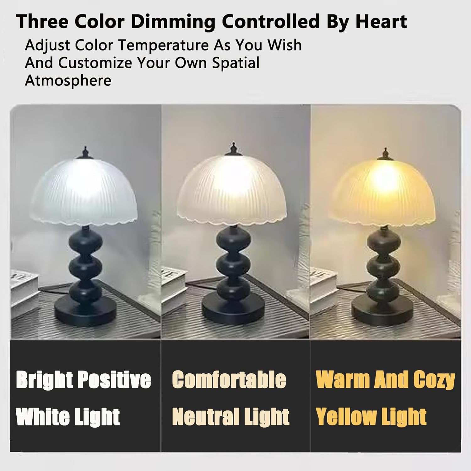14" Metal Desk Lamp Vintage Frosted Glass Table Lamp,Mid Century Black Glass Flower Table Lamp with 3 Color Temps,for Bedroom, Study, Living Room