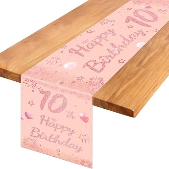 Happy Birthday Table Runner, Decoration for 10th Birthday, Girls&rsquo;, Rose Gold, Colourful, Tablecloth for Boys, Girls, 180 x 35