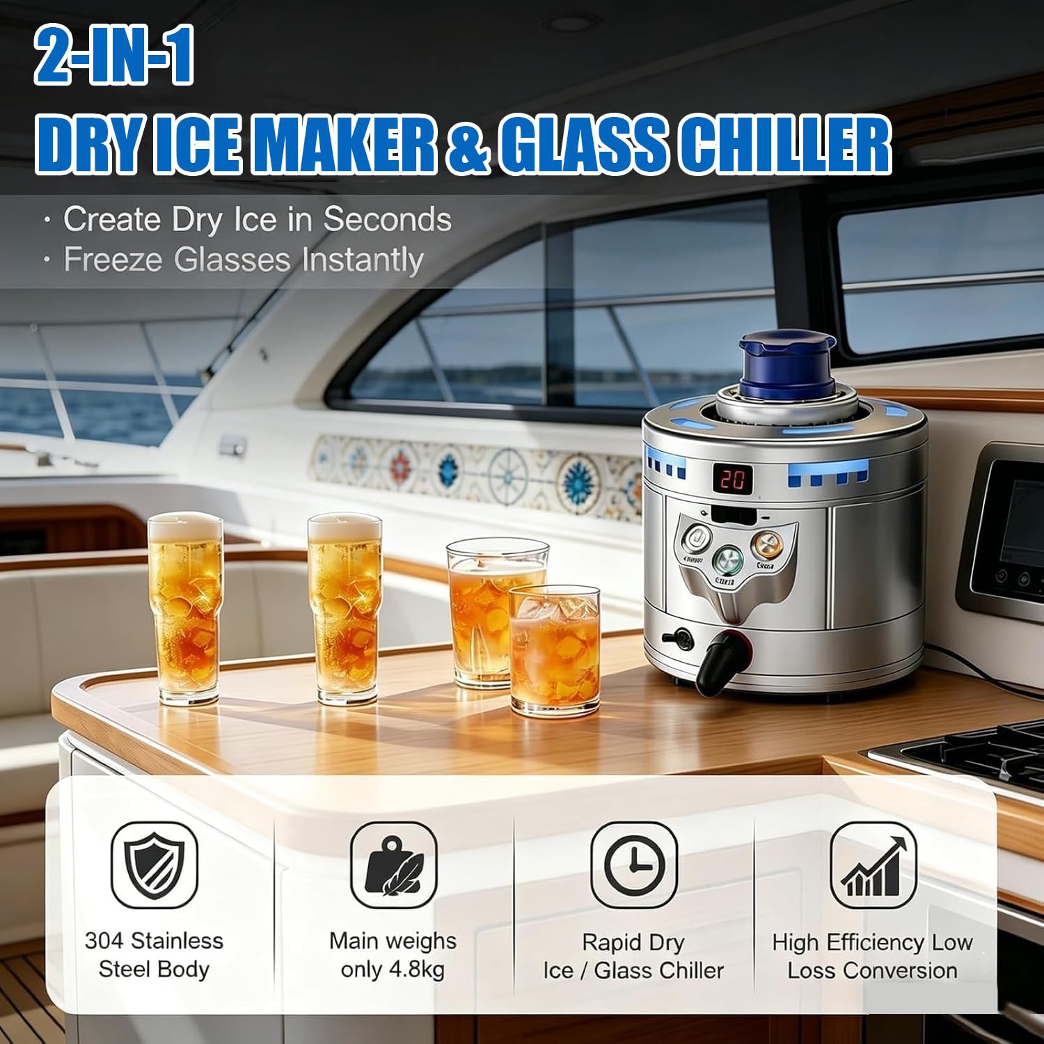 Máquina Profesional de Hielo seco y Enfriador instantáneo de Tazas, Pantalla LED e Interfaz de Rosca G5/8, Ciclo de producción de 15 Segundos, para hoteles y Clubes.