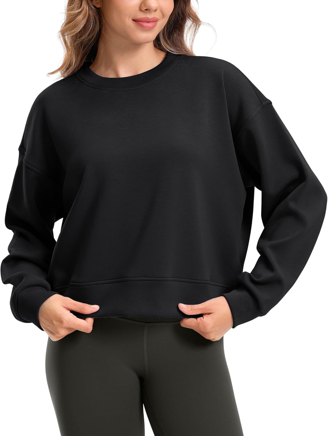 SANTINY Fleece Cropped Sweatshirts for Women Soft Crewneck Sweatshirt Pullover Long Sleeve Workout Crop Tops