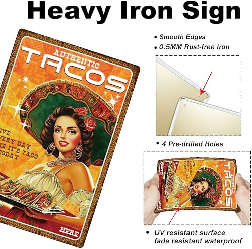 Miniatura 3 de 1 letrero de metal vintage de 8 x 12 pulgadas, retro, de hierro, tacos, comida con aspecto de óxido, para el hogar, bares, cocina, alimentos,