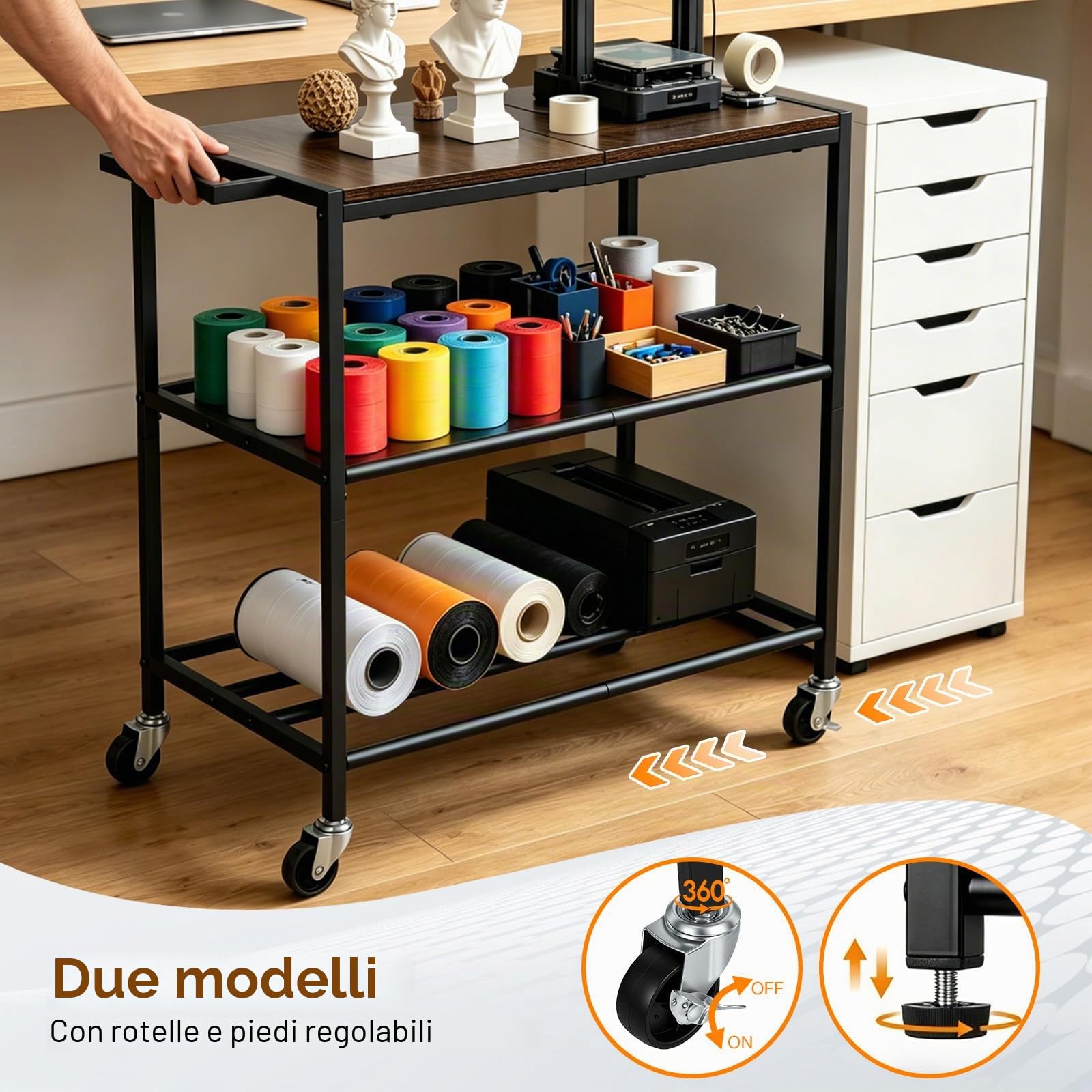 Scaffale mobile per stampante 3D, supporto per bobine pesanti con ruote, 3 ripiani, organizer da scrivania, adatto per stazione di stampa, ufficio, officina