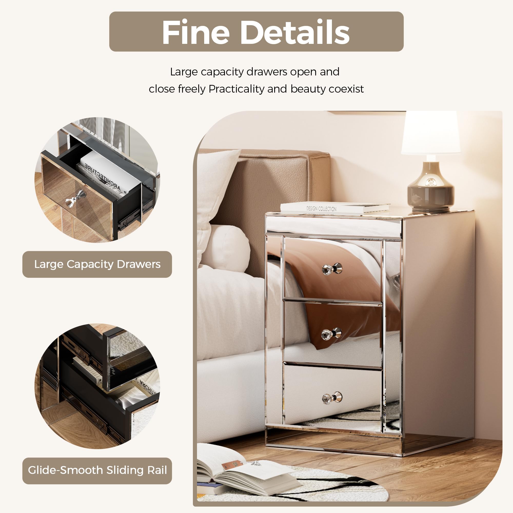 Comodino con Specchio in Vetro, Contenitore con 3 Cassetti per Camera da Letto, Soggiorno, Ufficio, 40 x 40 x 60 cm (1)