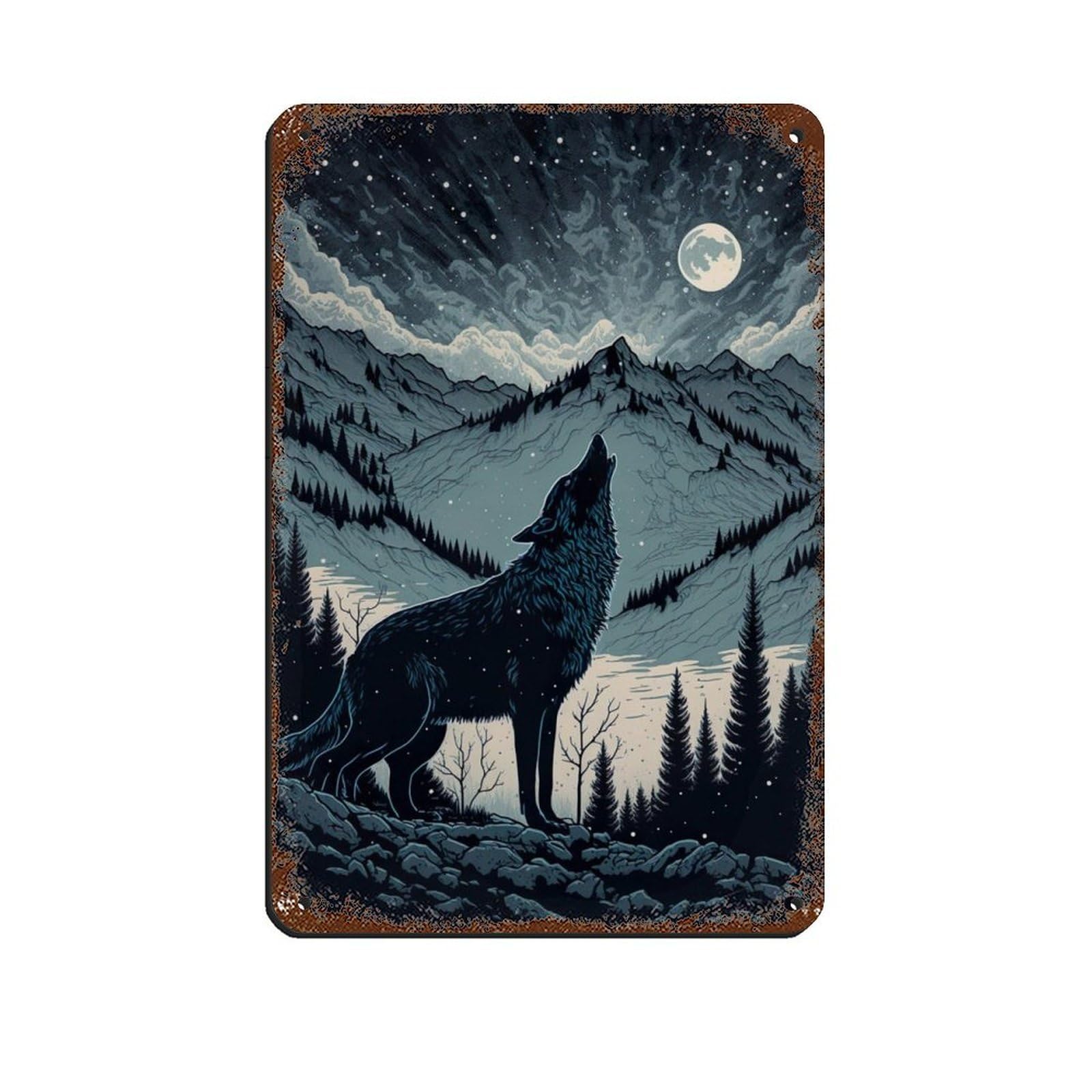 Wolf Howling at The Moon,Scandinavian Landscape Retro Poster Metal Tin Sign Chic Art Retro Iron Painting Bar People Cave Cafe Family Garage Poster Wall Decoration 8x12inch(20x30cm)