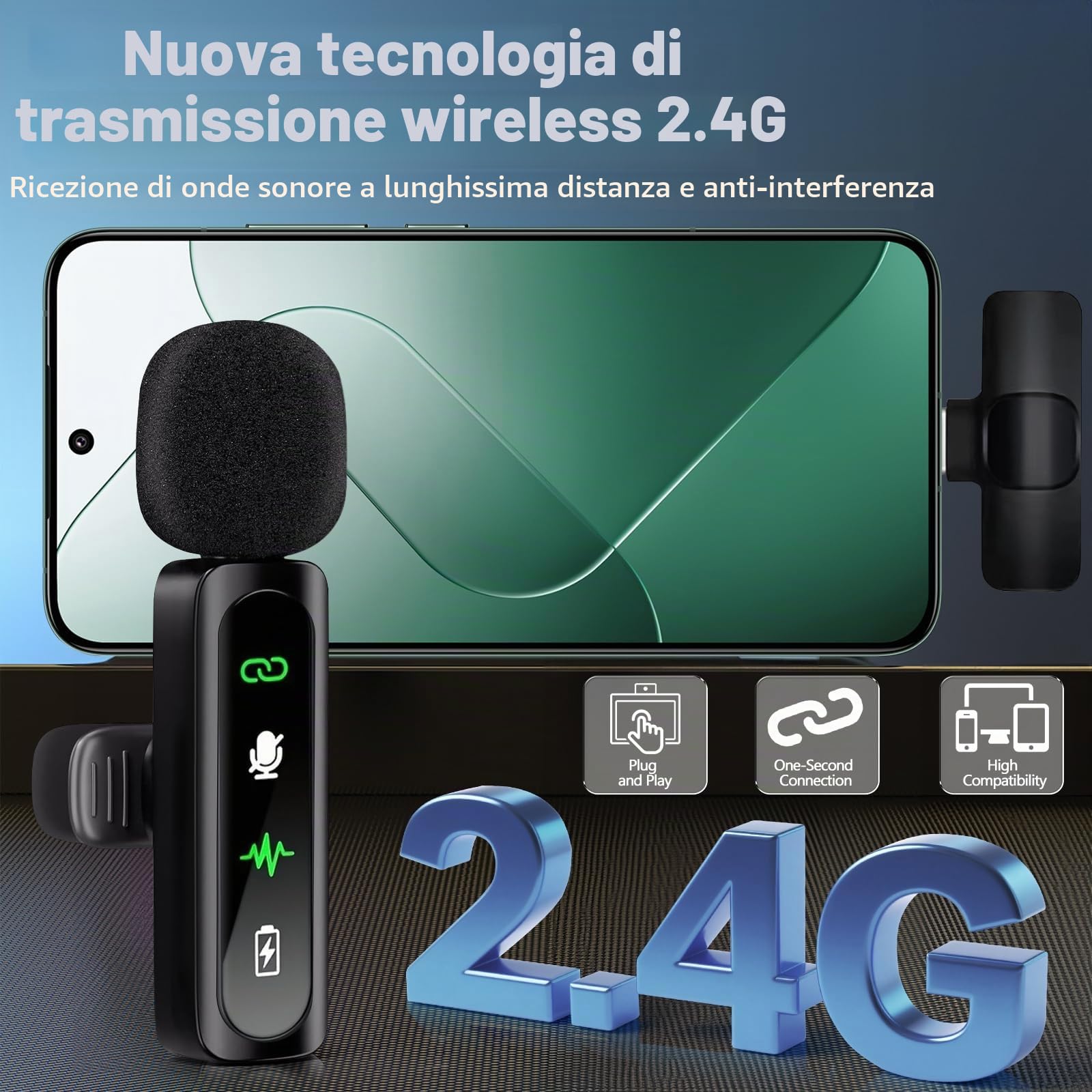 Microfono Lavalier per iPhone Android Laptop, Mini Microfono Wireless, A Clip,Con Display a LED,Riduzione Del Rumore,Per La Registrazione Video Social, Tiktok, Youtube,Streaming, Podcast, Vlogging