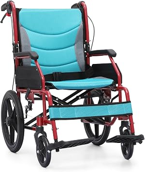 monicare Folding Transport Wheelchair, 17.5 inch Seat for Adult, Blue | with Removable Cushion and Loop-Lock Handbrakes User-Friendly Lightweight Foldable Chair for Storage and Travel Use, 250lbs