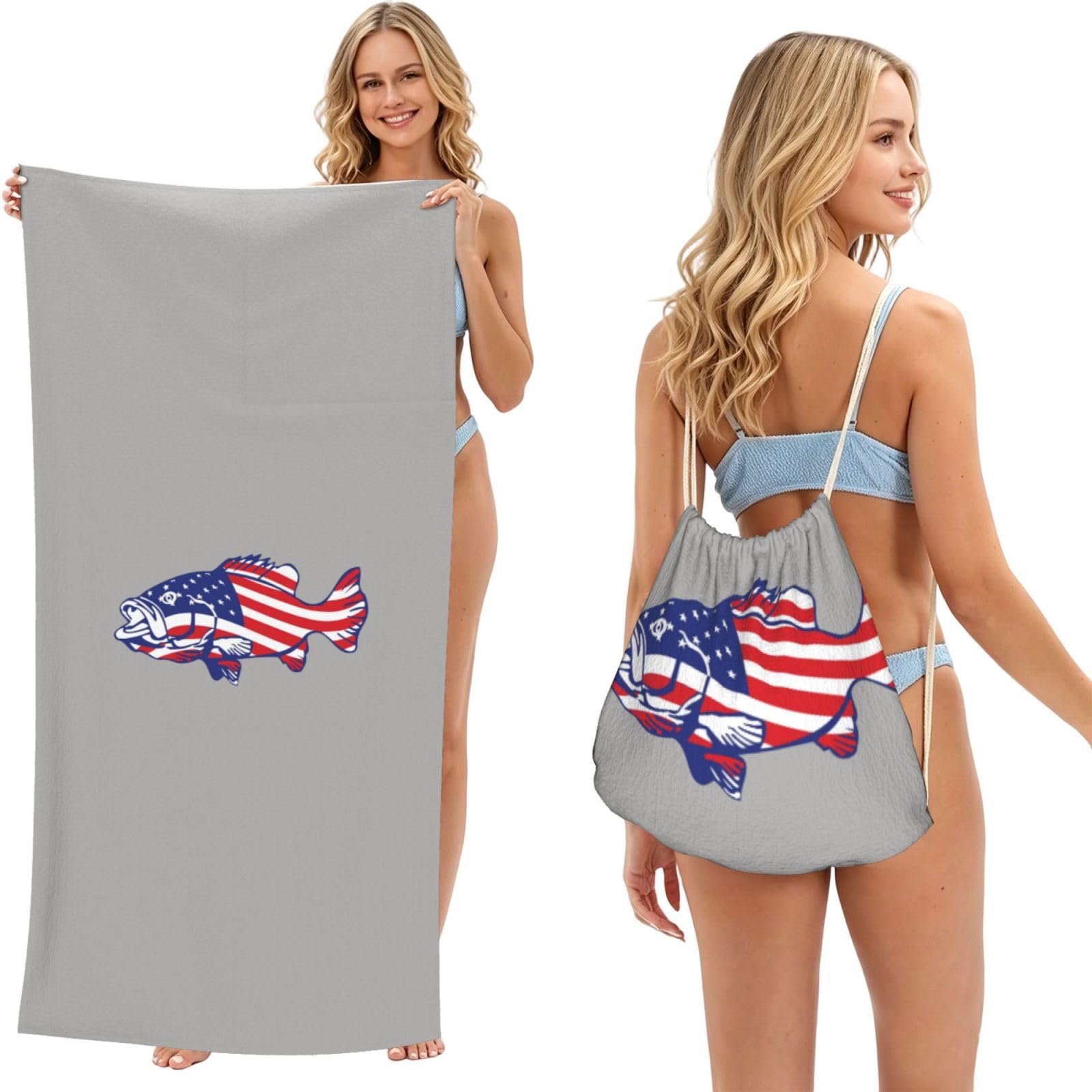 WSHFFILO American Flag Patriotic Fishing printed 2 in 1 Packable Towel Bag Bath Towel Beach Towel