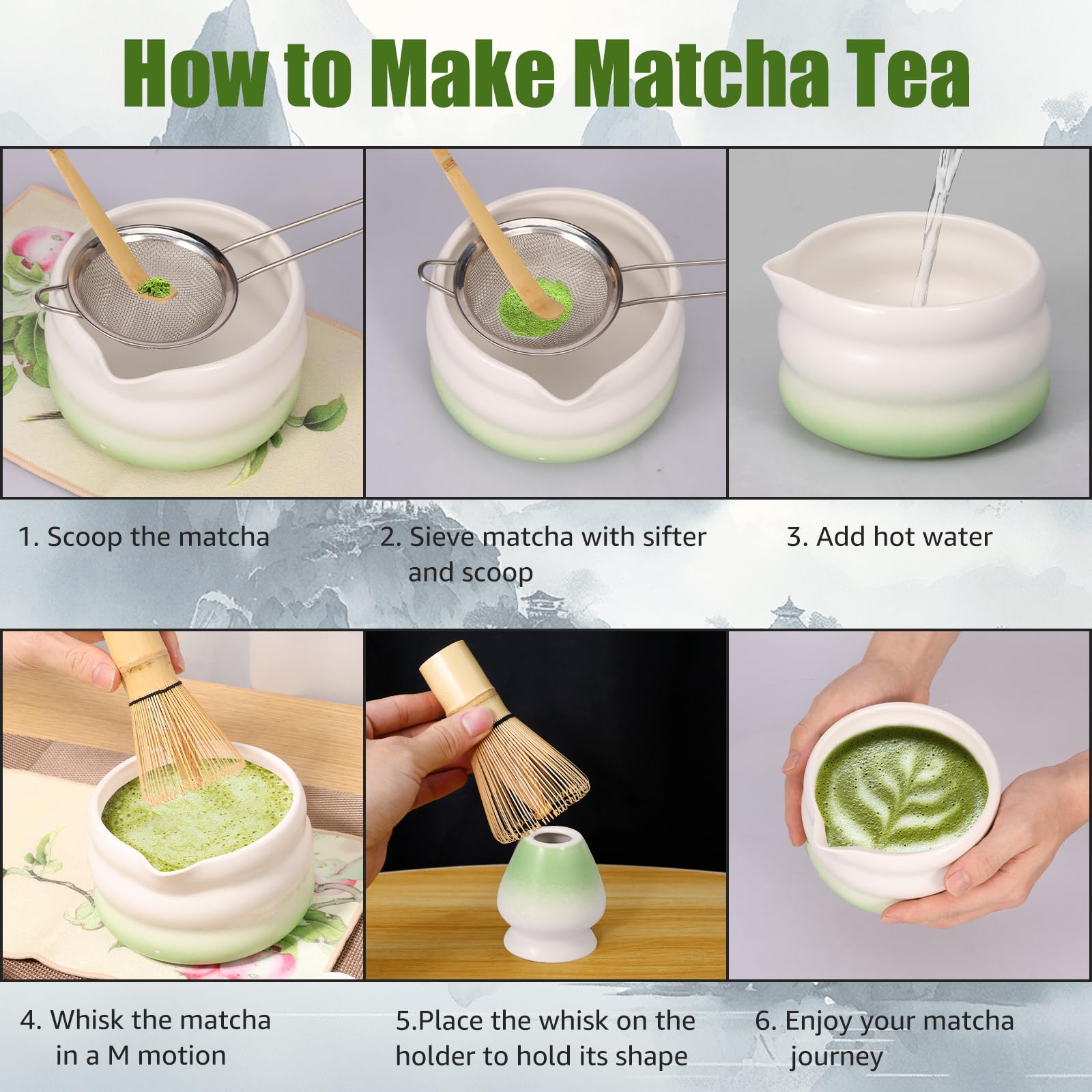 Juego de batidores de matcha – Juego de 7 piezas para hacer té japonés con cuenco matcha, batidor de bambú y soporte de cerámica, tamiz de batidor de acero inoxidable, paño de cocina