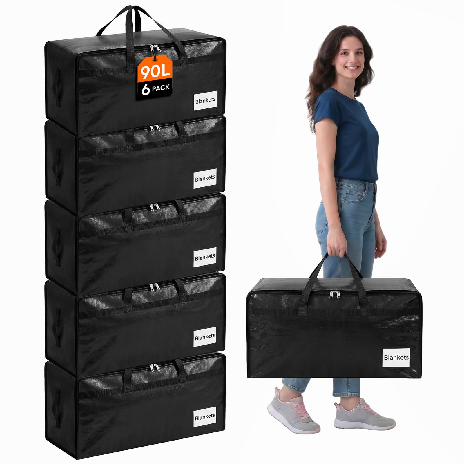 Lifewit 6 Pack Large Moving Bags with Lids and Sturdy Handles, 90L Heavy Duty Packing Organizers for Moving House, Clothes Bedding Blanket Comforter Storage Bags, Black