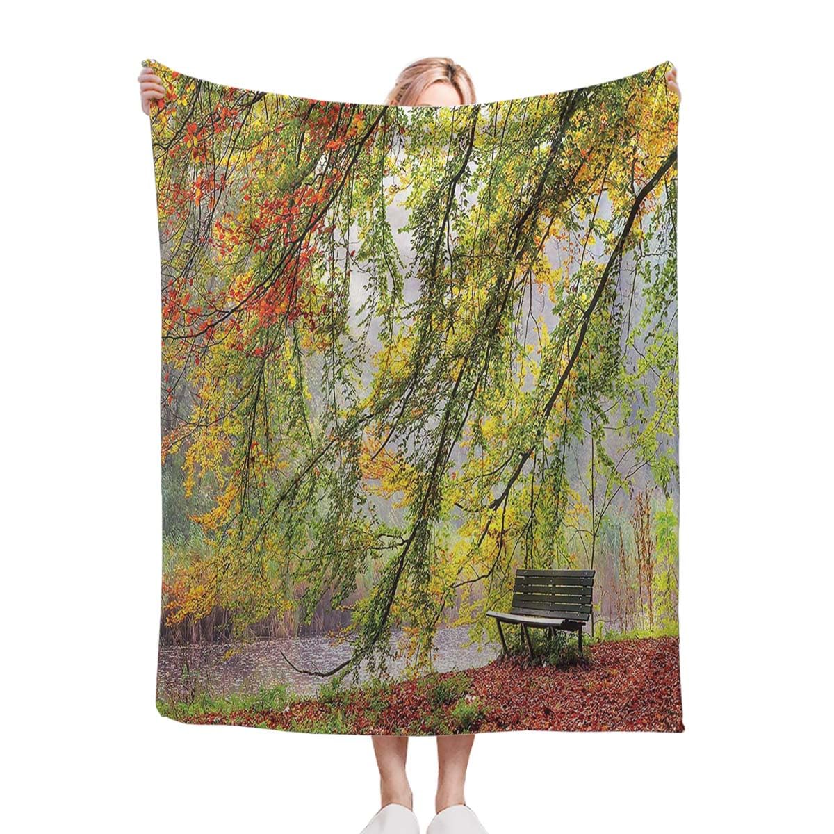 Green Orange Blanket Flannel Throw Blanket Lightweight Cozy Microfiber Blanket for Sofa, Couch, Bed, Camping, Travel, Autumn View of A Bench Under Fall Leaves 32x48 Inches Farm House