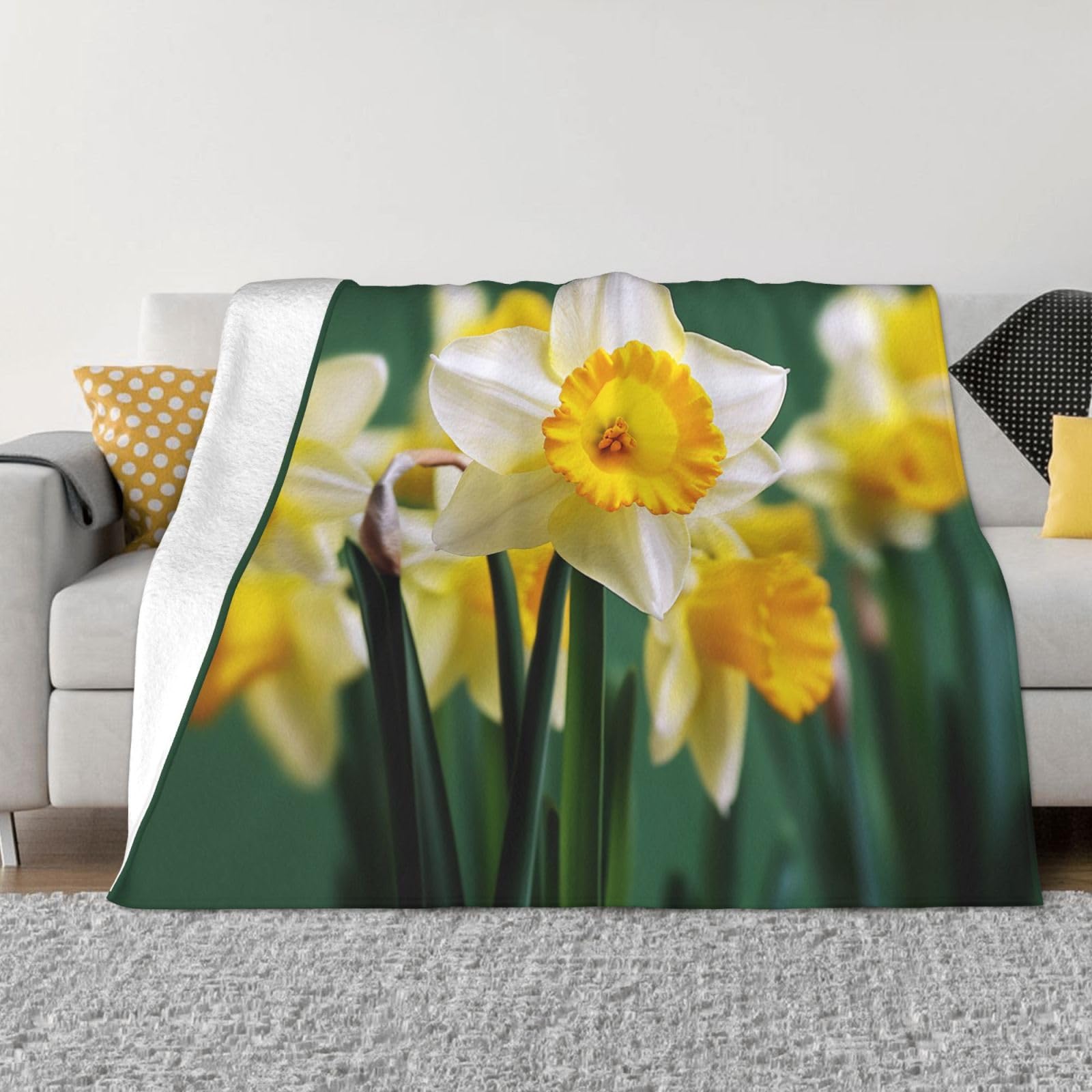 KLOPH Daffodil Flower Throw Blanket 80"x60" Flannel Fluffy Warm Blanket for Couch, Reversible Plush Blankets for Bed, Comfy Fuzzy Blanket for Sofa, Plush Lightweight-Blankets for All Season