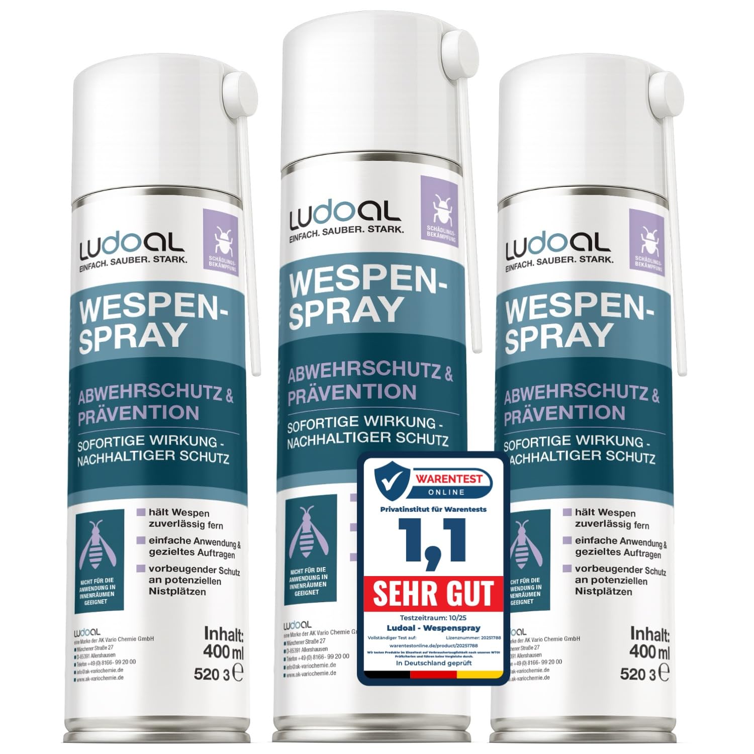 Wespenspray mit langem Sprührohr & 10x mehr Wirkstoff (2% Geraniol) – EXTRA STARK – Sofortiger Abwehrschutz mit Langzeitwirkung – 15 cm Sprührohr – Made in Germany – LUDOAL 3x 400 ml (PT19)