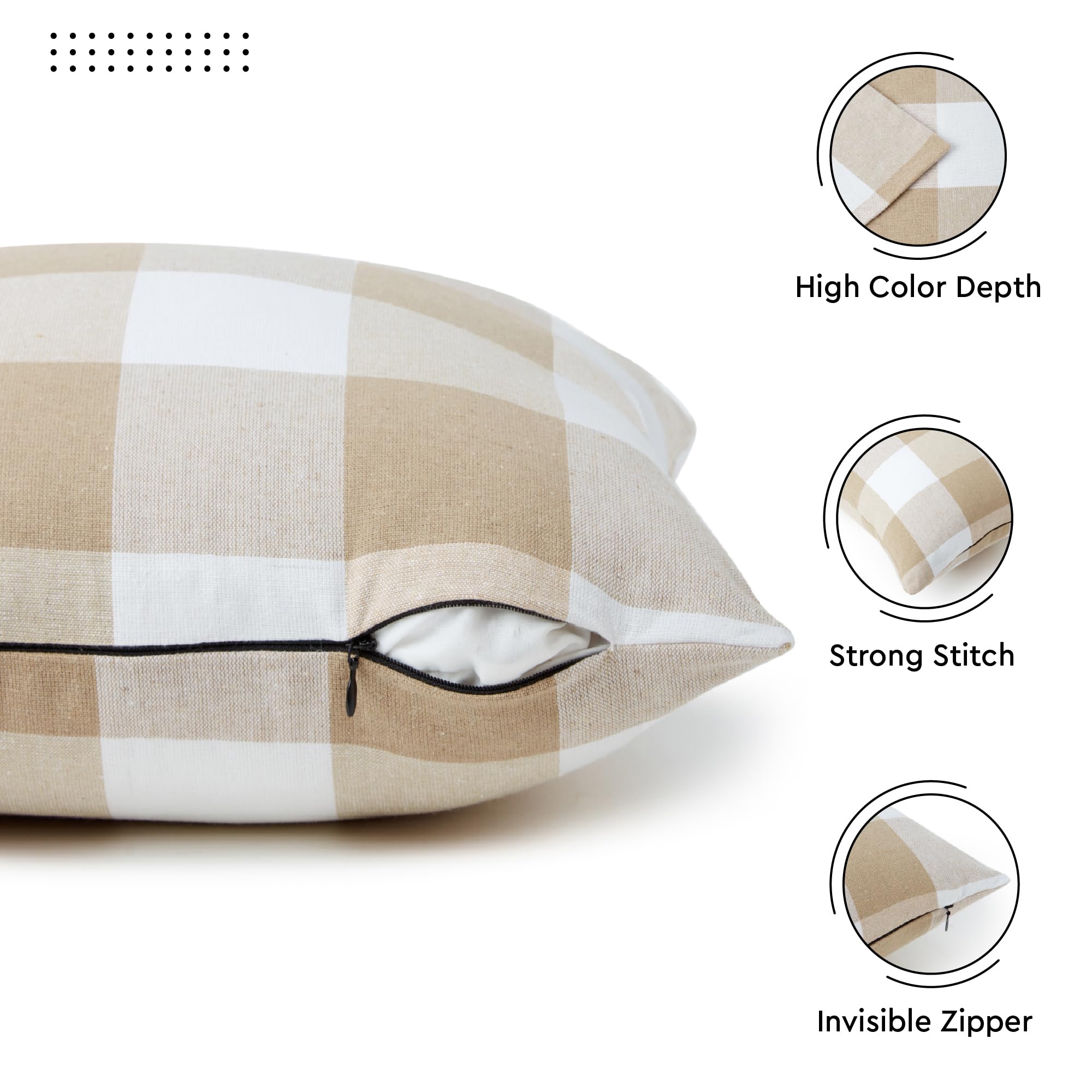 Juego de 2 fundas de almohada de granja de 18 x 18 pulgadas con cuadros beige búfalo, fundas de cojín decorativas sin relleno, fundas de almohada a cuadros y rayas para sala de estar, sofá 4