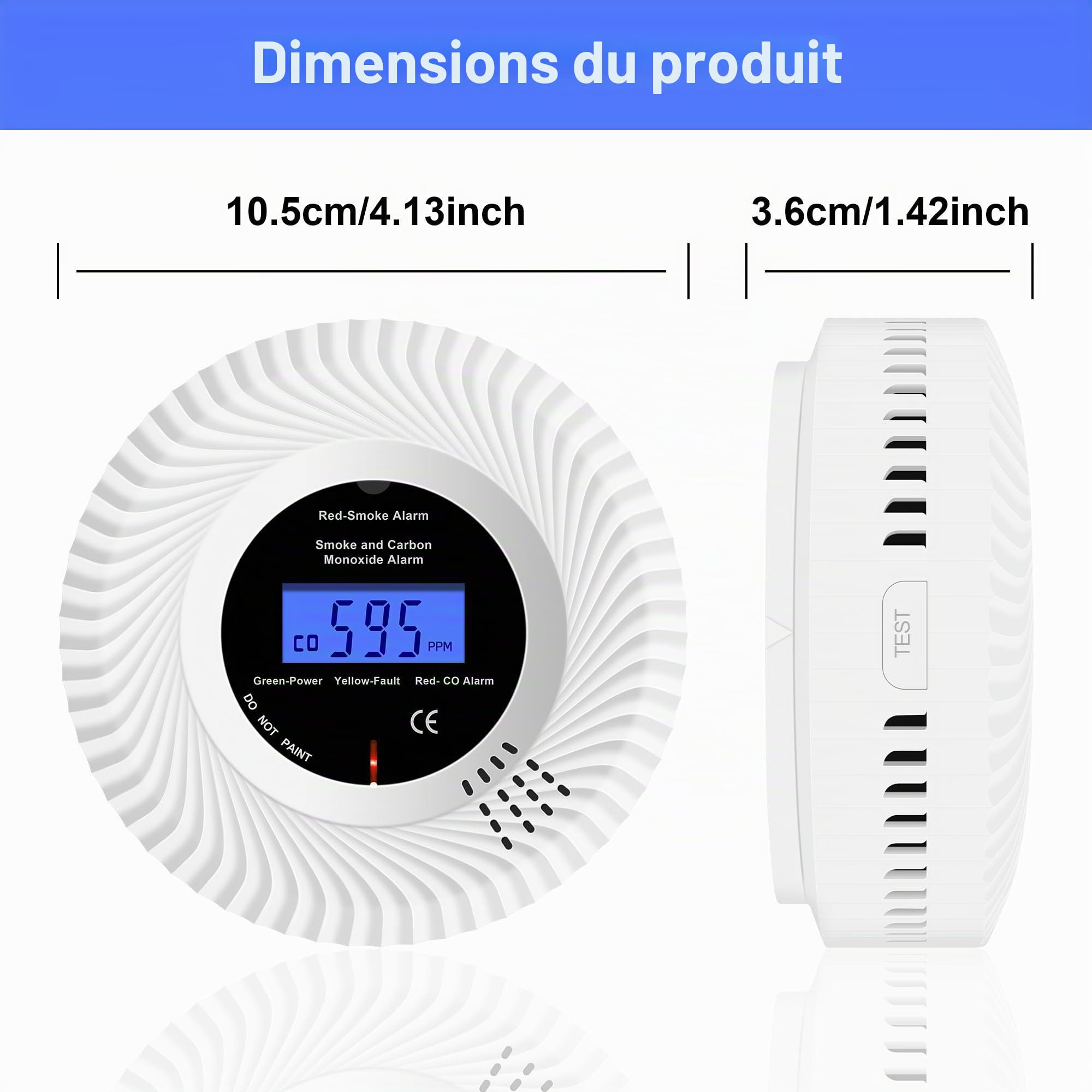 Détecteur de Fumée et de Monoxyde de Carbone Combiné avec écran LCD et Batterie Pendant 10 Ans, Détecteur de Fumée et Capteur de Monoxyde de Carbone avec Test/Muet, Lot de 1