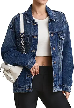 Tsher Women's Oversize Vintage Washed Denim Jacket Long Sleeve Classic Loose Jean Trucker Jacket D003