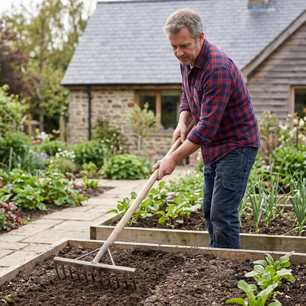 Rastrello da Giardino per Terreno, Testa a denti piatti, Rastrello da giardino, Preparazione aiuole, Per appassionati , Manico in legno da 1,2 metri