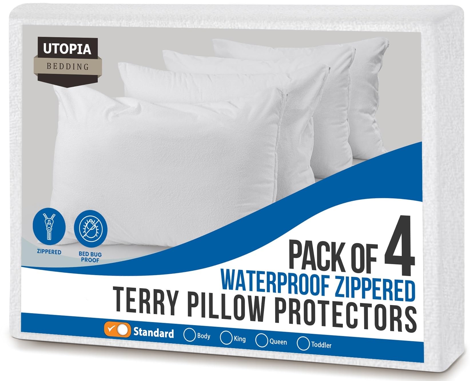 Utopia Bedding White Waterproof Pillow Protectors Zippered (4 Pack), Standard Terry Pillow Encasement, Bed Bug And Dust Mite Proof Pillow Covers