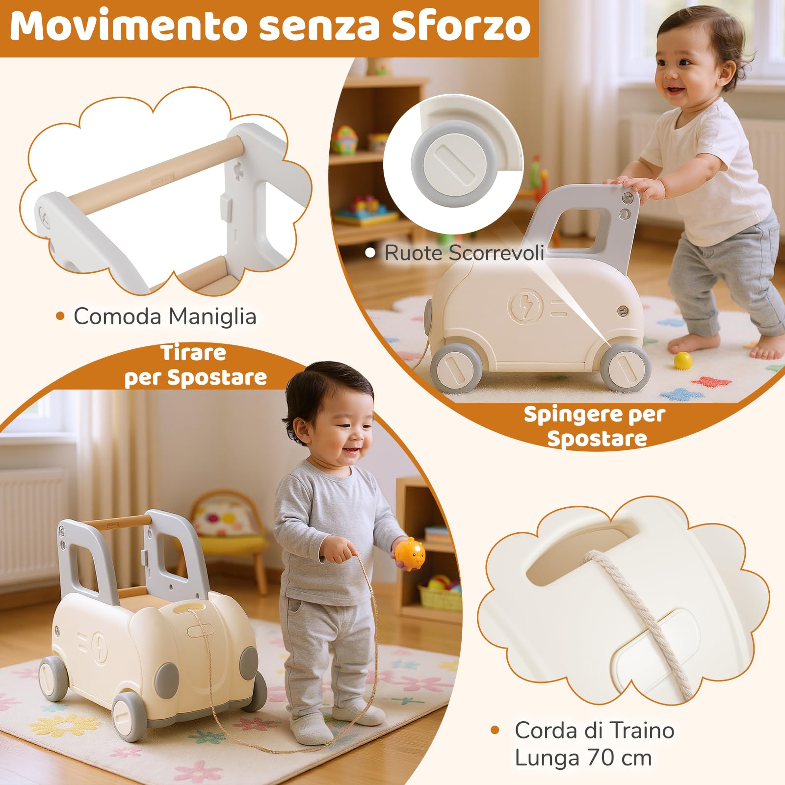 COSTWAY Girello Primi Passi Bambini, Carrello a Spinta con Contenitore