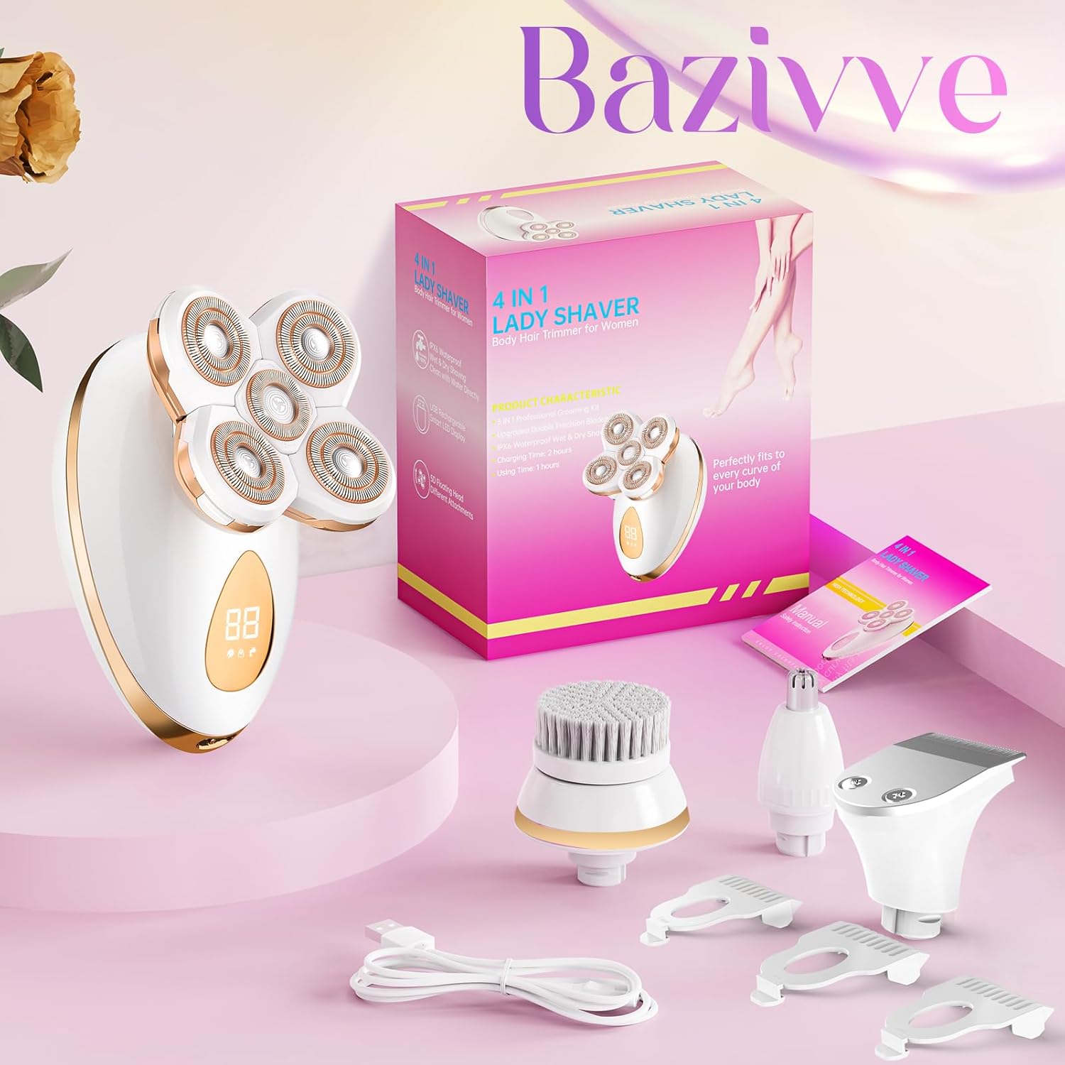Electric Razors for Women, 5-in-1 Multi-Function Body Shavers for Women Legs, Cordless Ideal Travel Trimmer - Waterproof Wet/Dry Hair Remover Kit, Rechargeable, Gold
