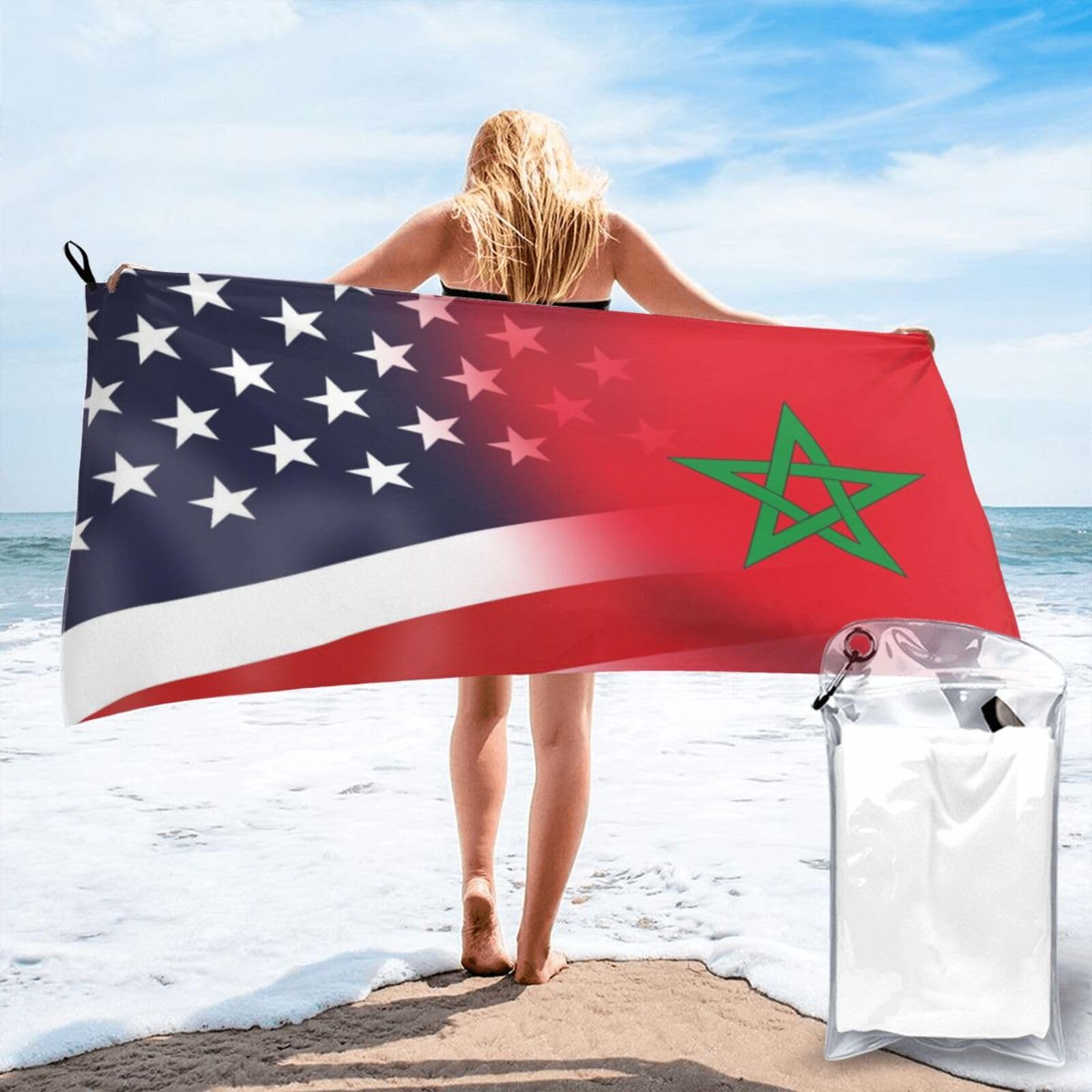 HACXZ Funny America Flag and Morocco Flag Absorbent Beach Towel Microfiber Beach Shower Towel 31.5"X63"