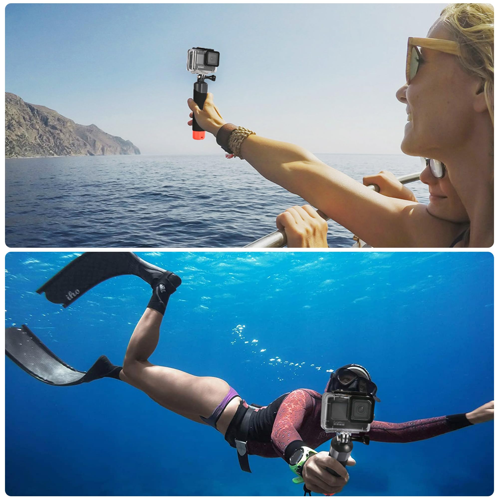 Empuñadura Flotante para GoPro, Palo Impermeable + Mini trípode (Juego de accesorios) Compatible con GoPro Hero 13/12/11/10/9/8/7/6/Max, DJI Osmo Action, AKASO, WOLFANG y otras cámaras de acció
