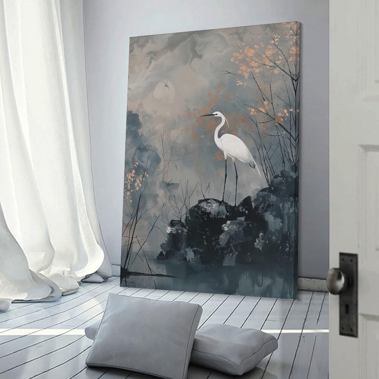 Junmoney Frame-Style-24 White Heron In Misty Landscape Canvas Wall Decor, 24X36inch(60X90cm), For Wall Displays, Bedrooms Or Room Updates, Wall Decor Suited To Curated Displays