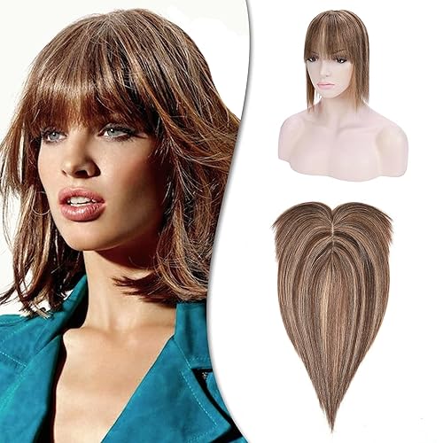 Miniatura 10 de Hairro Toppers de cabello humano con flequillo clip en Remy Topper postizo para mujeres clip en tupé Wispy parte media pérdida de cabello