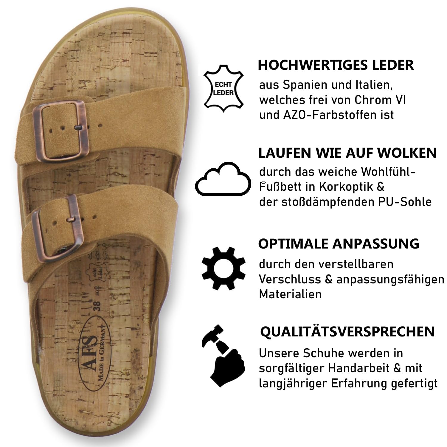 AFS-Schuhe 2400, ciabatte da donna alla moda in vera pelle, sandali estivi con grande fibbia, realizzati a mano in Germania