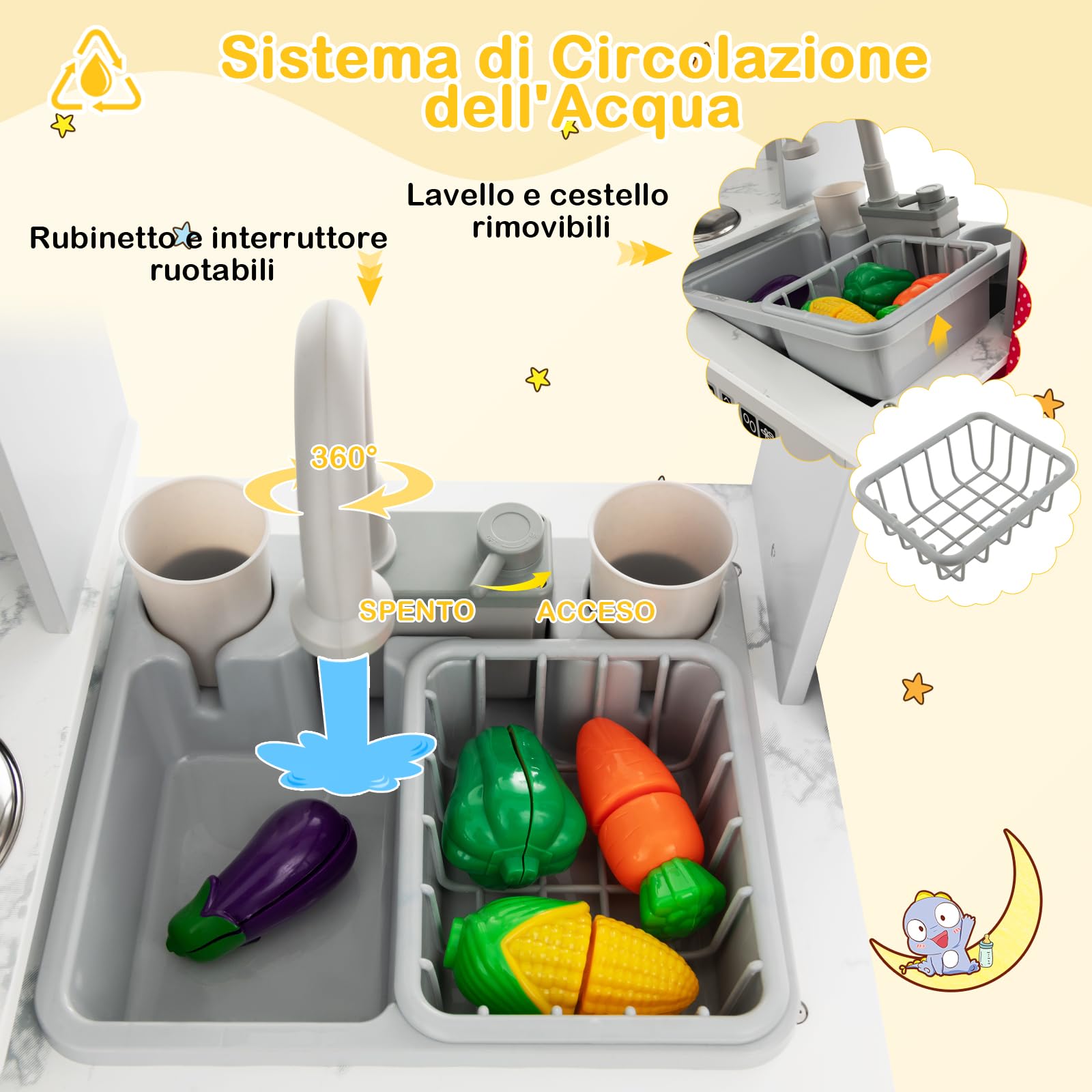 GYMAX Cucina da Gioco ad Angolo, Cucina Giocattolo in Legno con Luci e Suoni Realistici, Sistema di Circolazione dell'Acqua, Lavatrice e Accessori, per Bambini dai 3 Anni+ (Grigio)