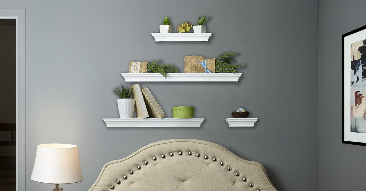 MELANNCO Floating Wall Shelves Set of 4, White Wood Display Shelves for Wall, Includes 6, 12, 20 and 24 Inch Sizes with Raised Edges and Mounting Hardware for Room Decor, Home Decor