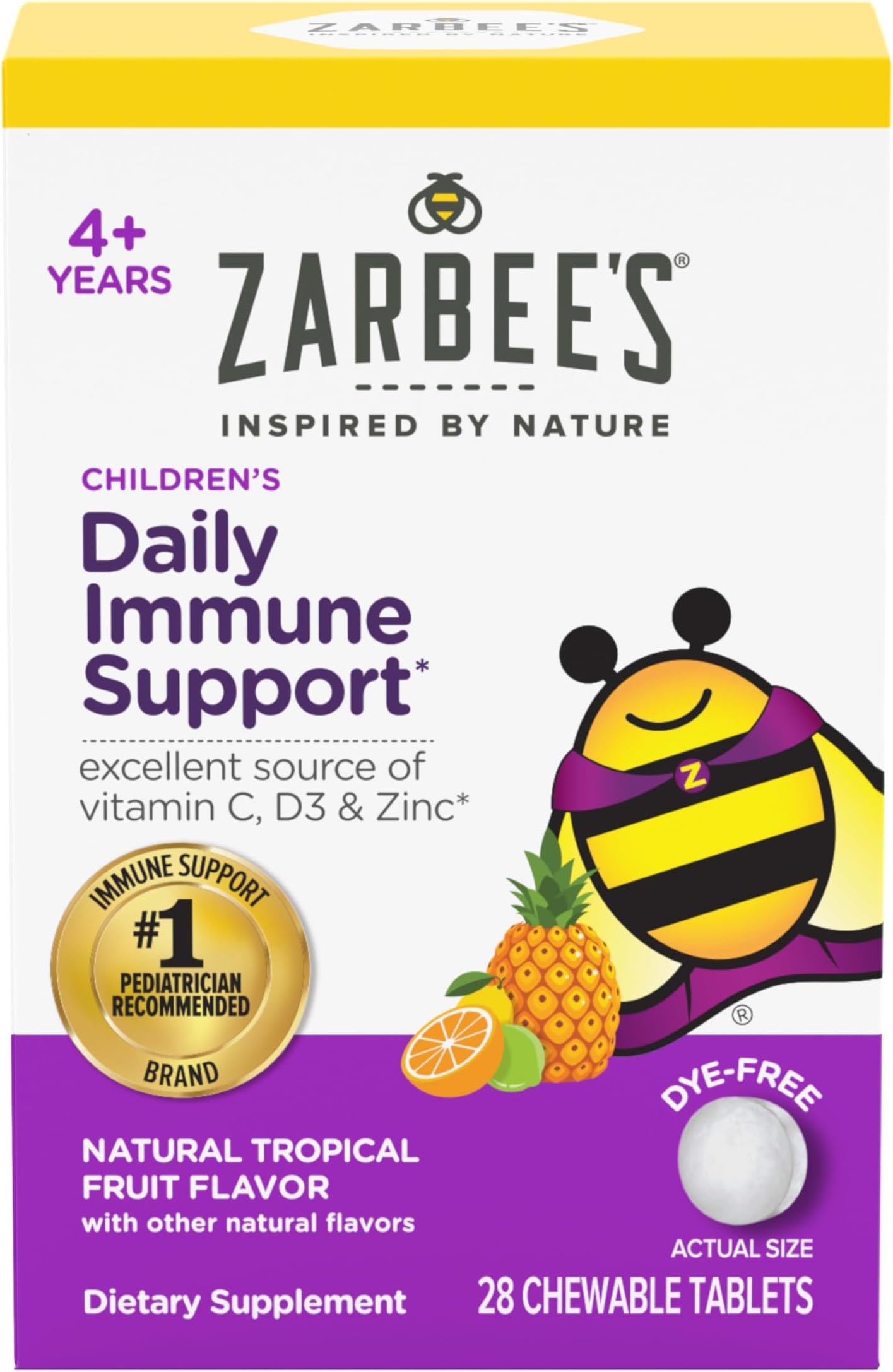 Kids Immune Support, Vitamin C, D & Zinc Daily Immunity Vitamins for Children 4+ Years, Natural Tropical Fruit Flavor, 28 Chewable Tablets