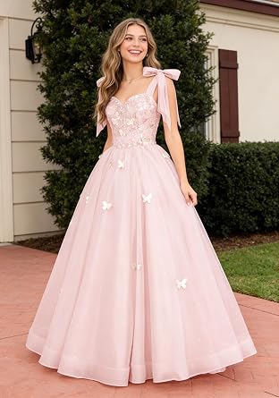 Glitter Tulle Prom Dresses for Teens 3D Butterfly A Line Ball Gowns Long Lace Applique Quinceanera Dresses with Bow