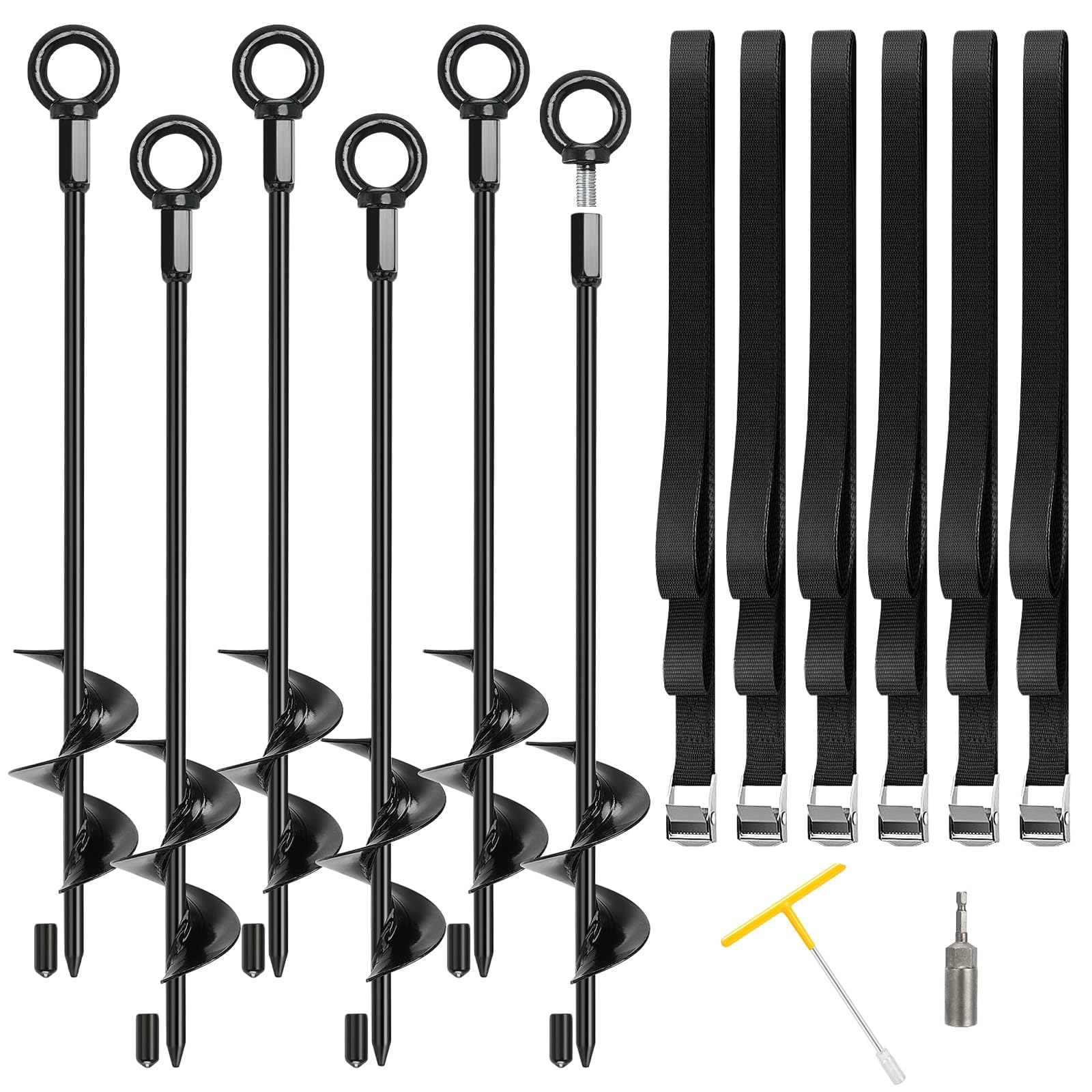 Funner Bodenanker Erdanker 45 cm 6er Set, Schwerlast Spiralanker sturmfest mit Spanngurten & Stecknuss, Sturmsicherung für Trampolin, Pavillon, Zelt, Schaukel, Carport