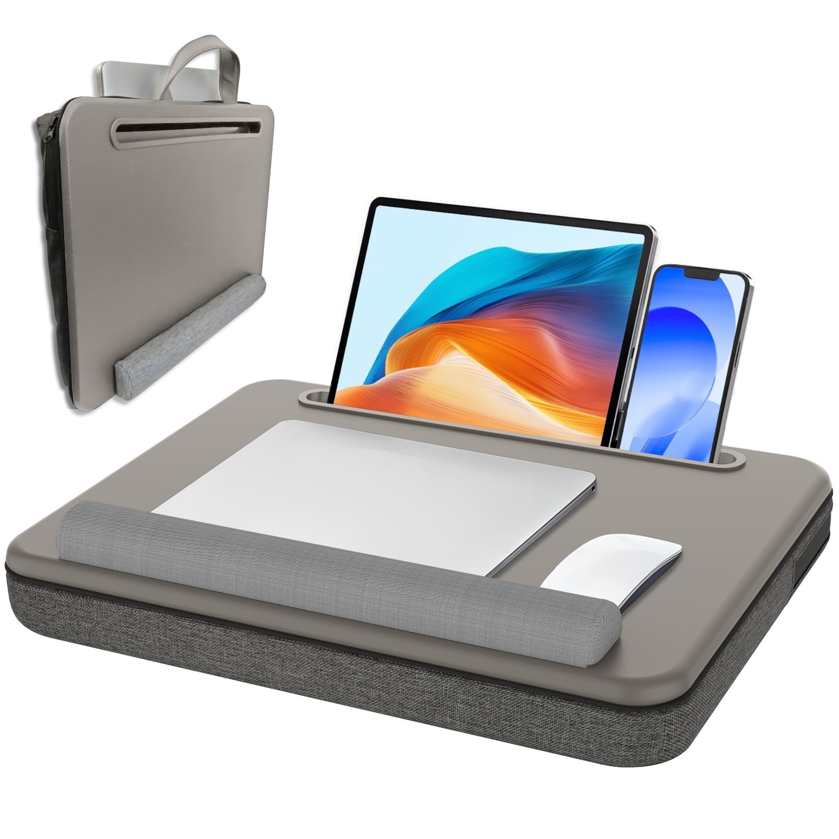 Lap Desk - Portable Laptop Desk Fits up to 15.6 inch Laptops, Wrist Pad, Storage Function, Tablet & Phone Holder, Laptop Stand for Home Office Study(Gray & Dark Gray)