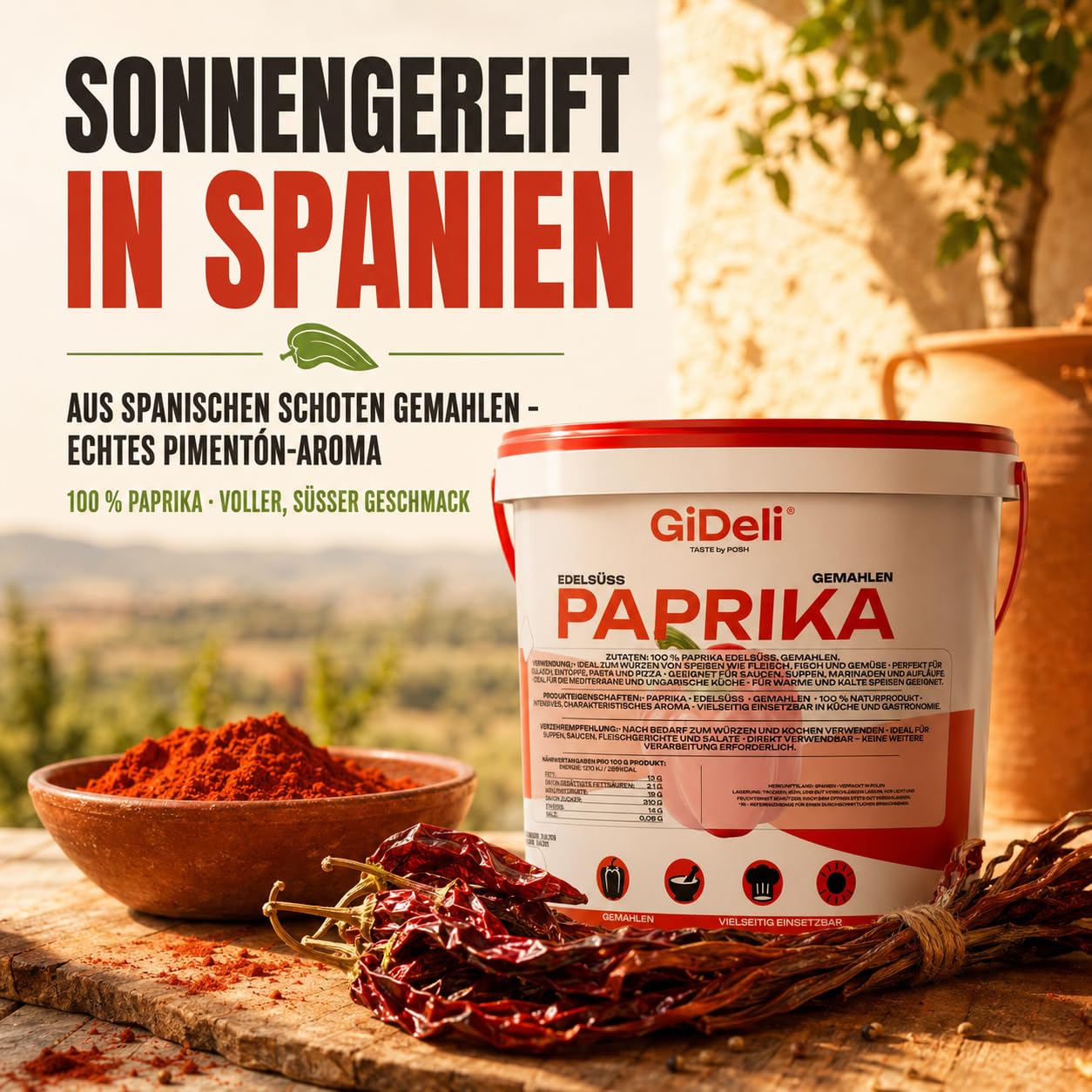 GiDeli Paprika Edelsüß Gemahlen 10kg im Eimer - 100% Paprika ohne Zusätze - Vegan & Glutenfrei - Spanisches Paprikapulver & Pimentón - Mildes Aroma - Rotes Gewürzpulver - Ideal für Gulasch & Pasta