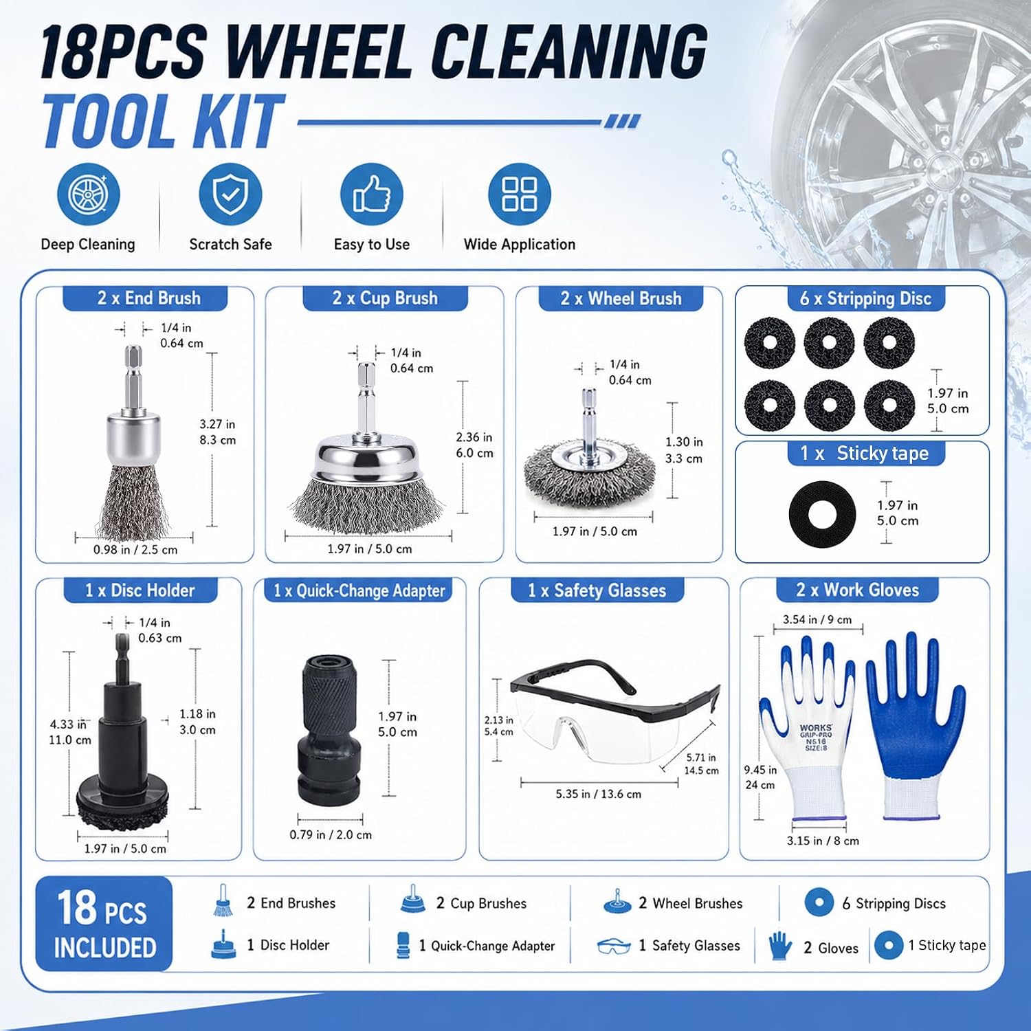 18 PCS Wheel Hub Cleaning Tool Kit, Wheel Stud Rust Remover Tool with Safety Goggles & Gloves, Surface Conditioning Pads for 1/2-Inch Impact Wrench & Drill, Brake Rotor, Hub & Brake Service
