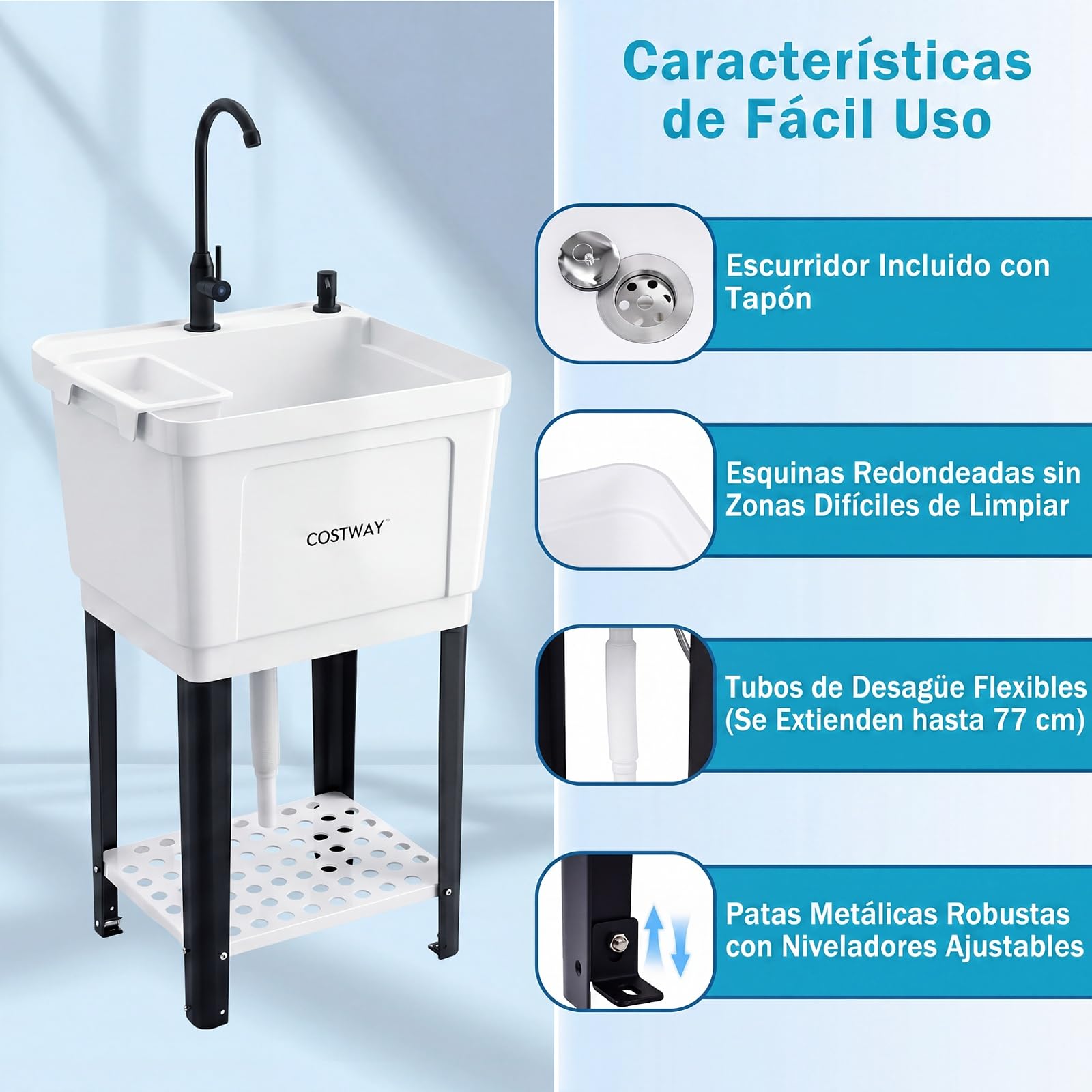 COSTWAY Fregadero Utilitario de Plástico, Fregadero Portatil con Patas Metálicas, Grifo Giratorio 360°, Dispensador de Jabón, Jabonera y Estante, Pila de Lavar para Cocina Lavandería Garaje Jardín