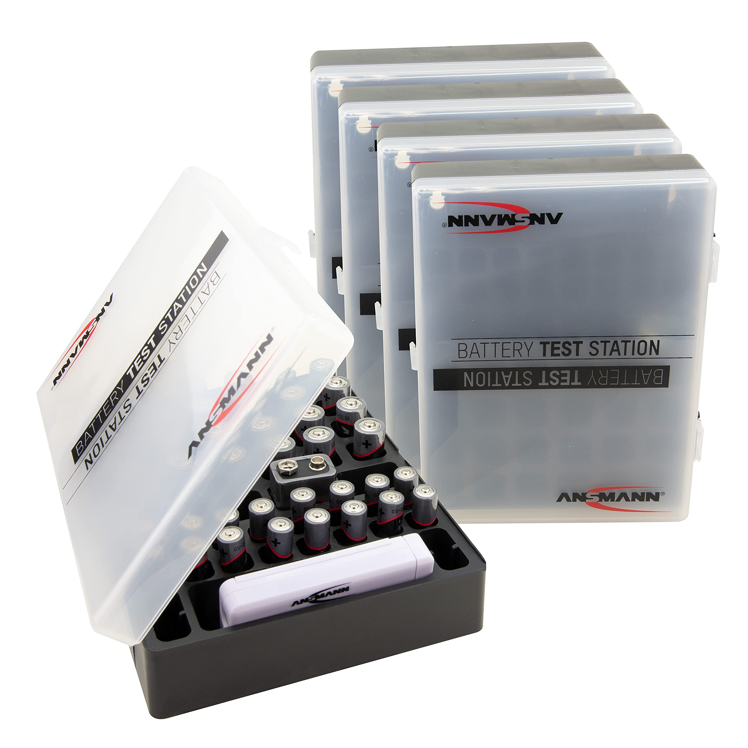 ANSMANN Batteriebox inkl. Akkutester für AAA Micro, AA Mignon & 9V Block Akkus und Batterien - Akkubox zum Schutz & Transport für 48 Accus - Batterie Box & Akku Box zur Aufbewahrung - 5 Stück, schwarz