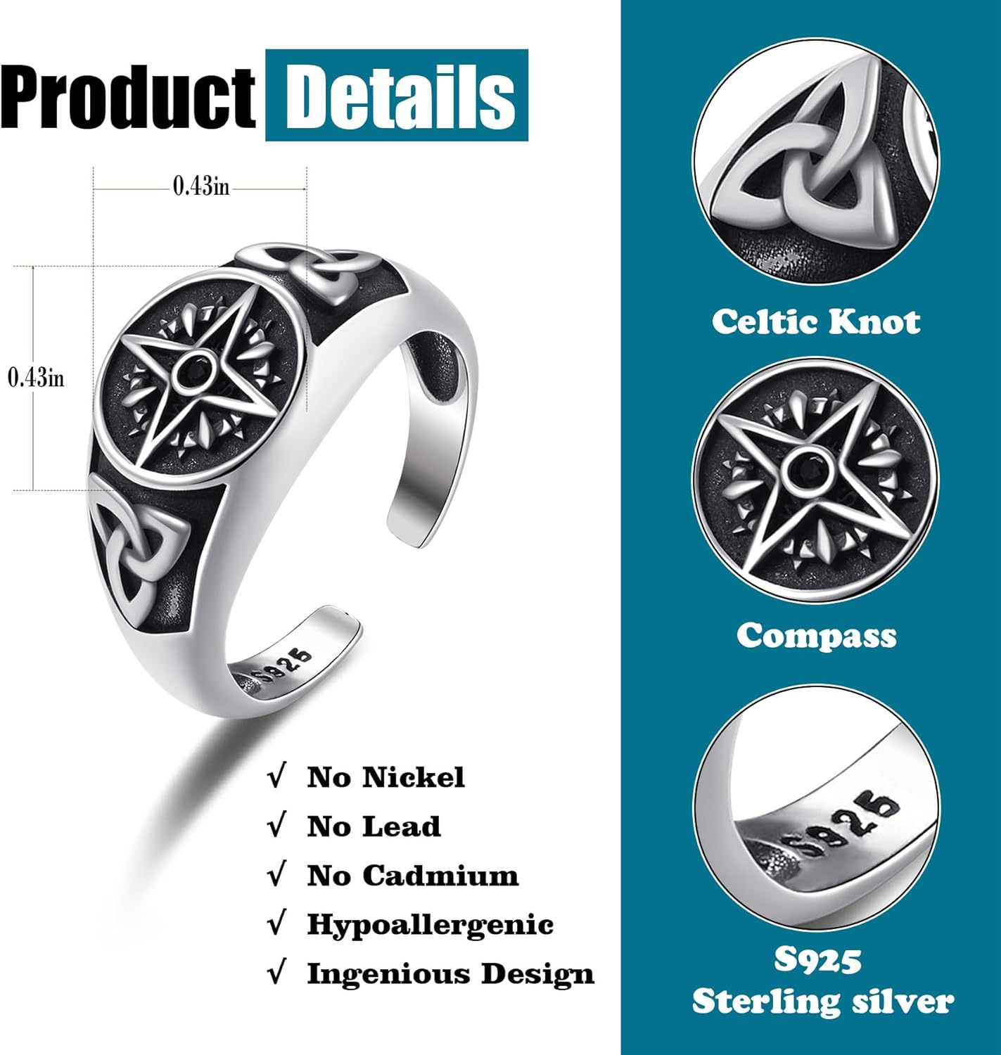 925 Sterling Silver Celtic Knot Ring Adjustable Open Compass Ring Black North Star Rings Irish Vintage Jewelry with Gift Box for Men Women