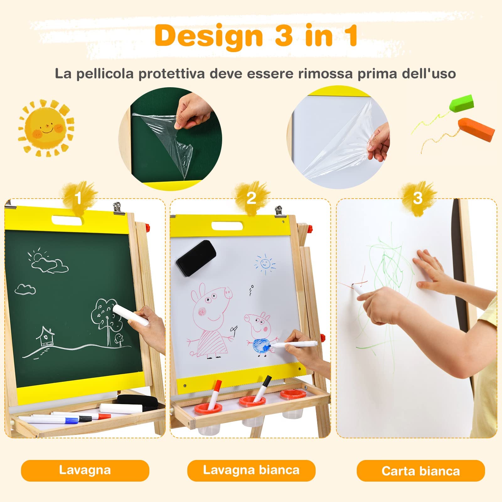 RELAX4LIFE Cavalletto Pittura per Bambini, Lavagna a Doppio Lato in Legno, Altezza Regolabile in 5 Posizioni, con Gessetto, Penne/Gomma per Lavagna e Rotolo di Carta, 50,5x53,5x79-104 cm (Giallo)