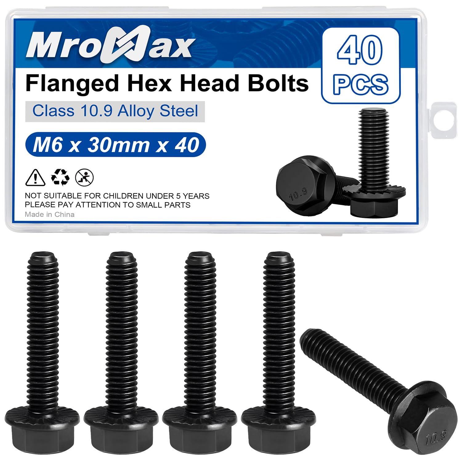M6-1.0 x 30mm Flanged Hex Head Bolts, 40Pcs Serrated Flange Bolt, Class 10.9 Alloy Steel, Black Oxide, Coarse Thread Fully Threaded, External Flange