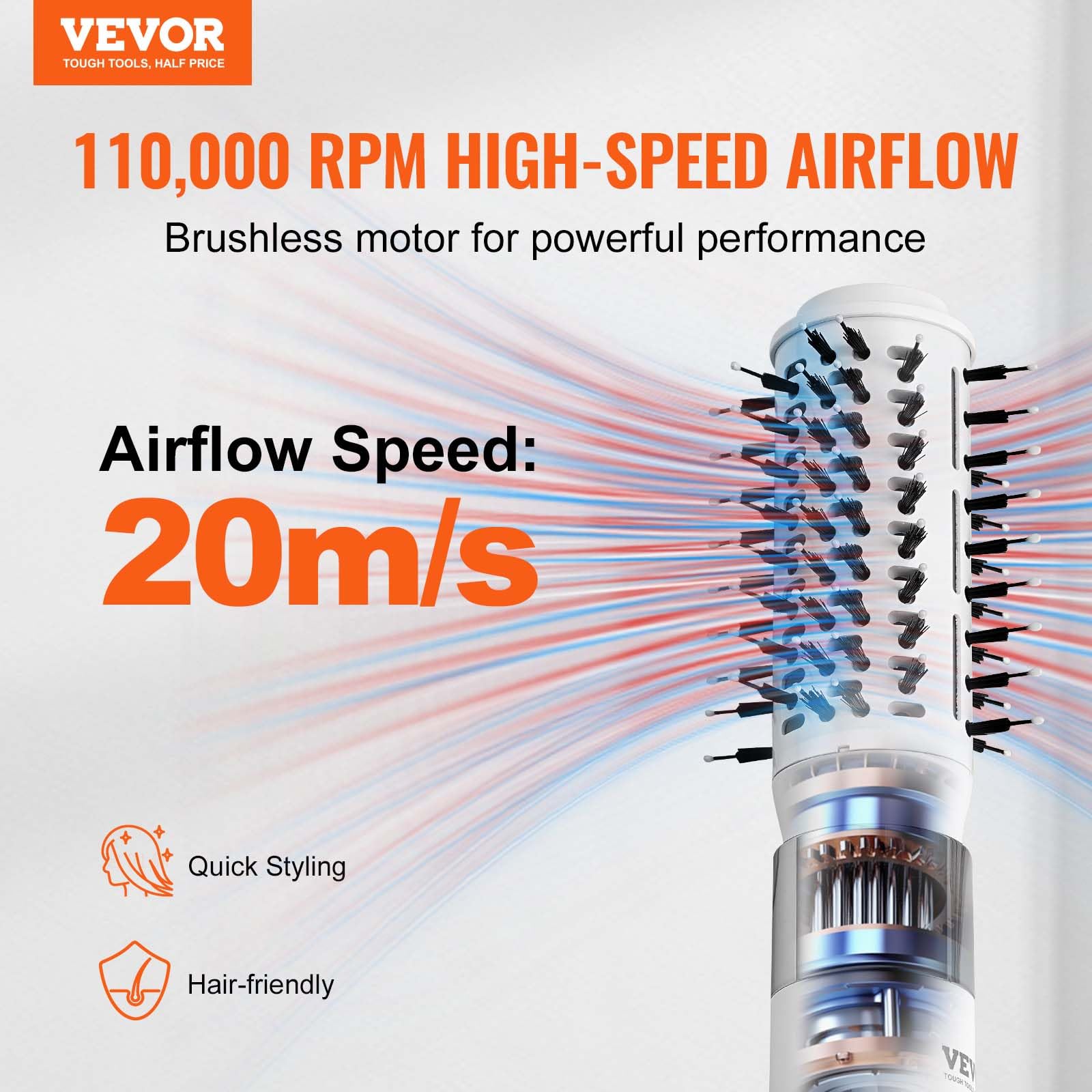 VEVOR Haartrockner, Ionen-Haartrocknerbürste, 110.000 U/min Airstyler mit Oval- & Paddelbürste, 4 Temperatur- & 3-Geschwindigkeits-Föhnbürsten-Styling-Tool für Trocknen, Volumengebendes Glätten
